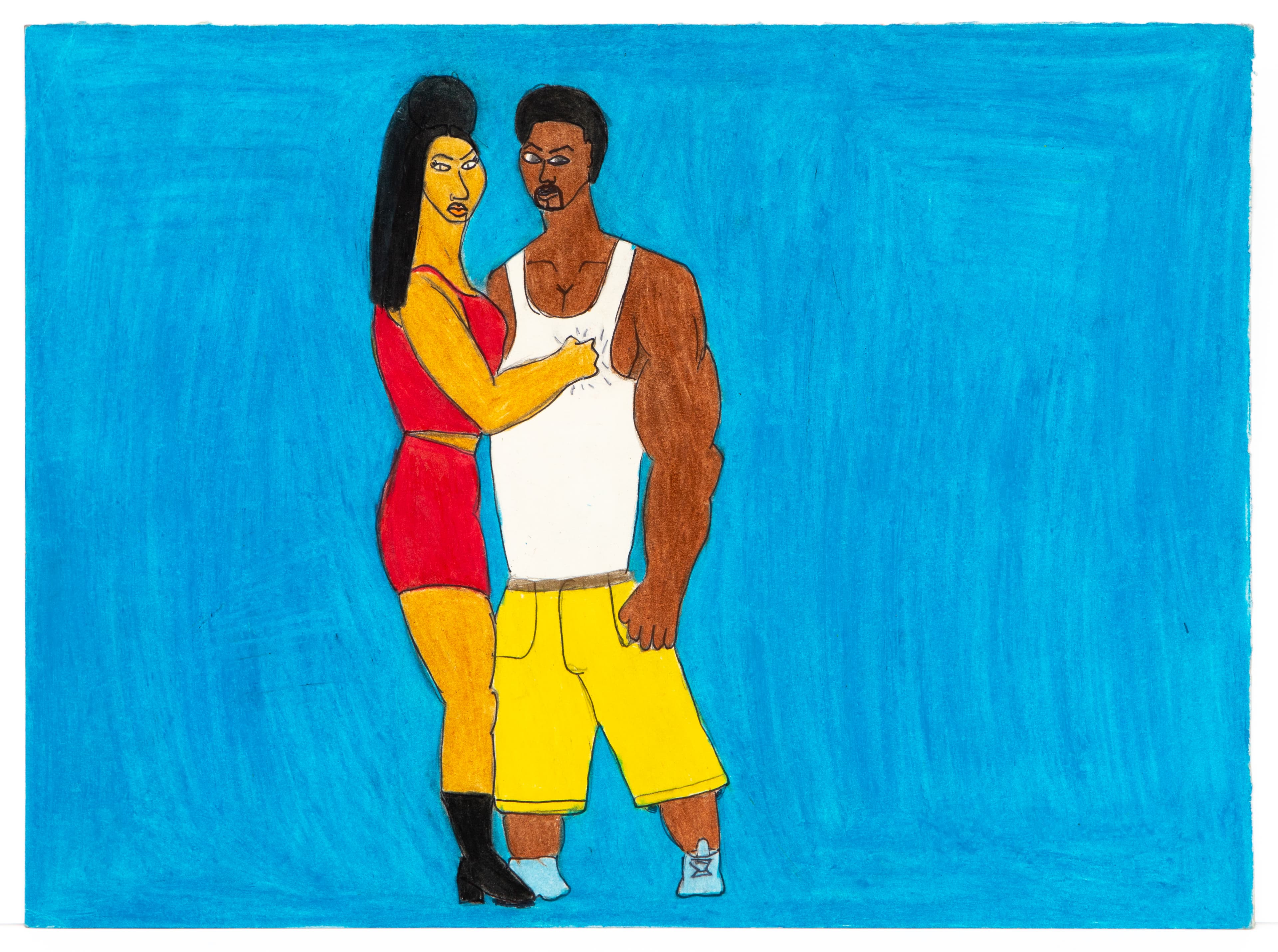 Colored pencil drawing of two figures embracing against bright blue background