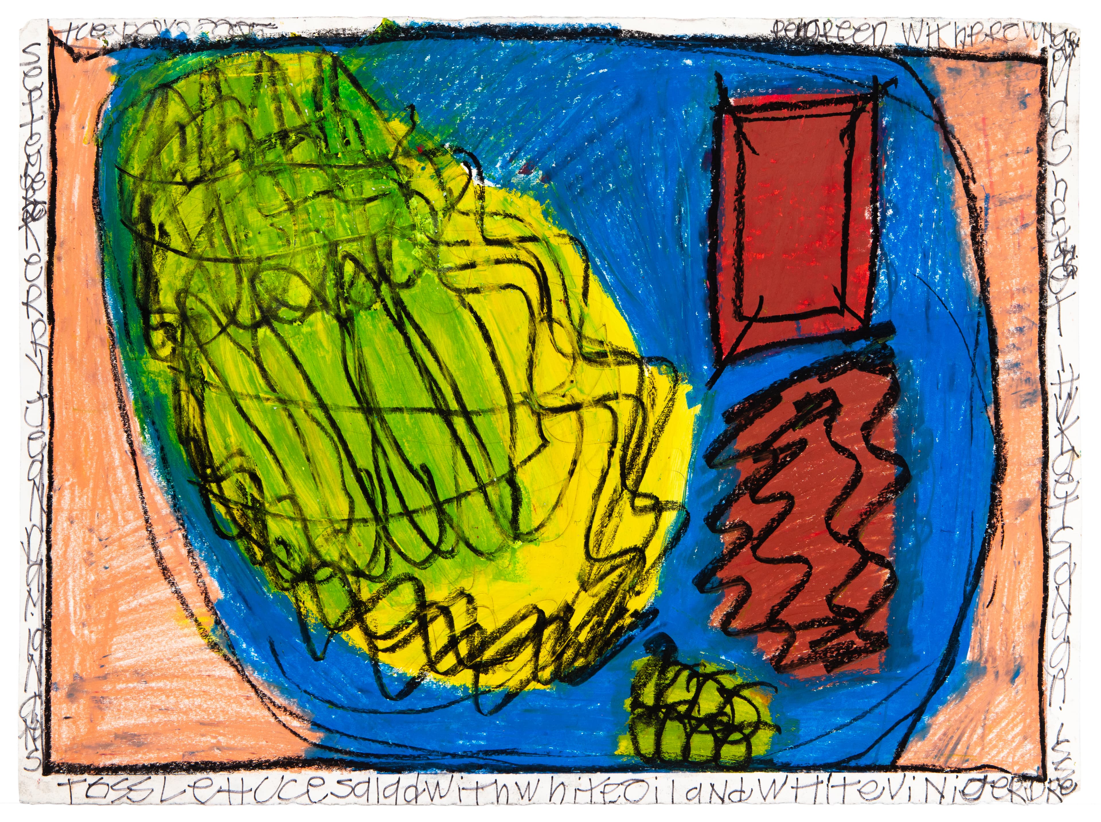 Mixed media drawing of a blue plate with green lettuce, yellow food items, and red steak, surrounded by peach border