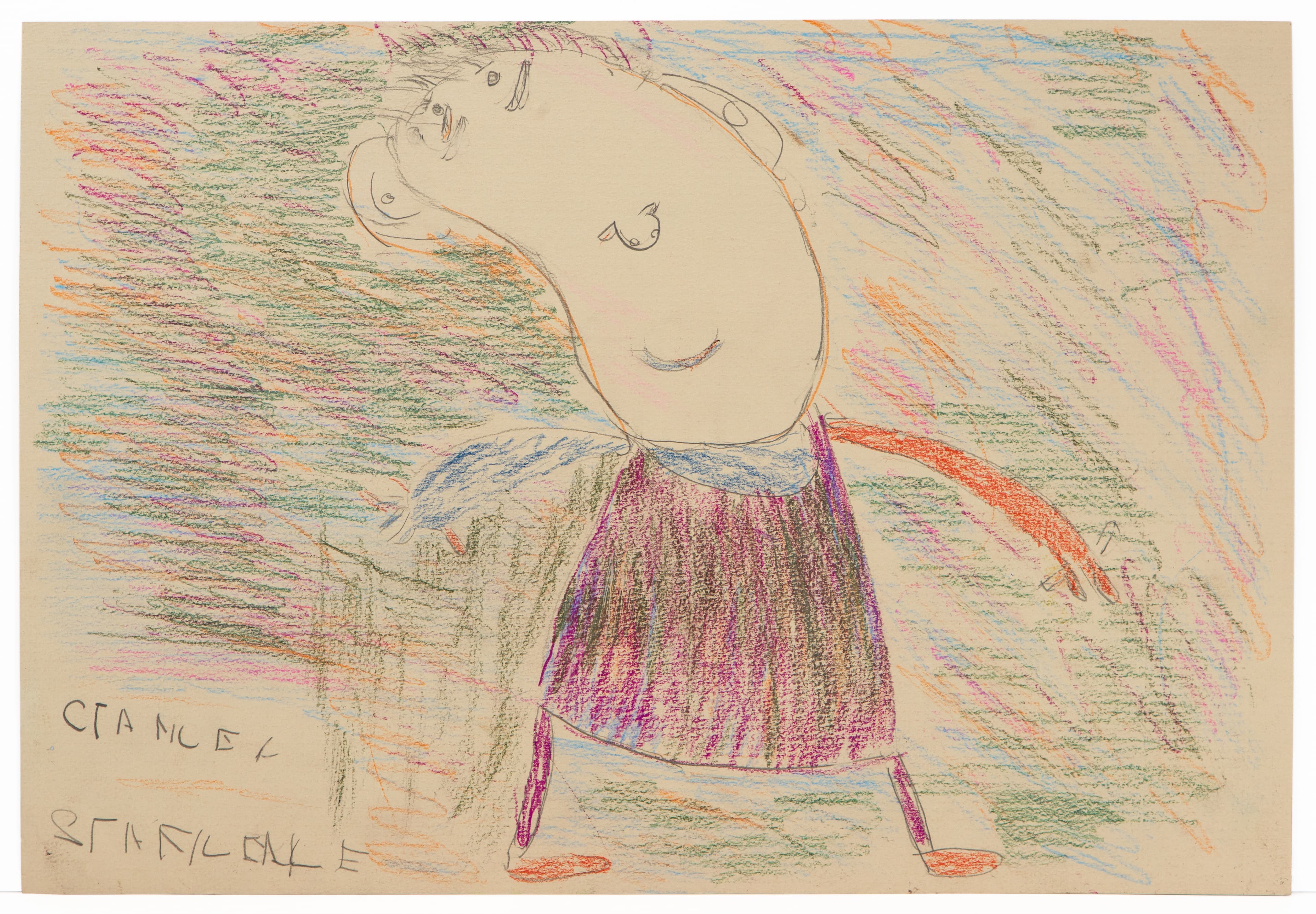 Colored pencil drawing of a figure in purple dress with colorful scribbled background on beige paper