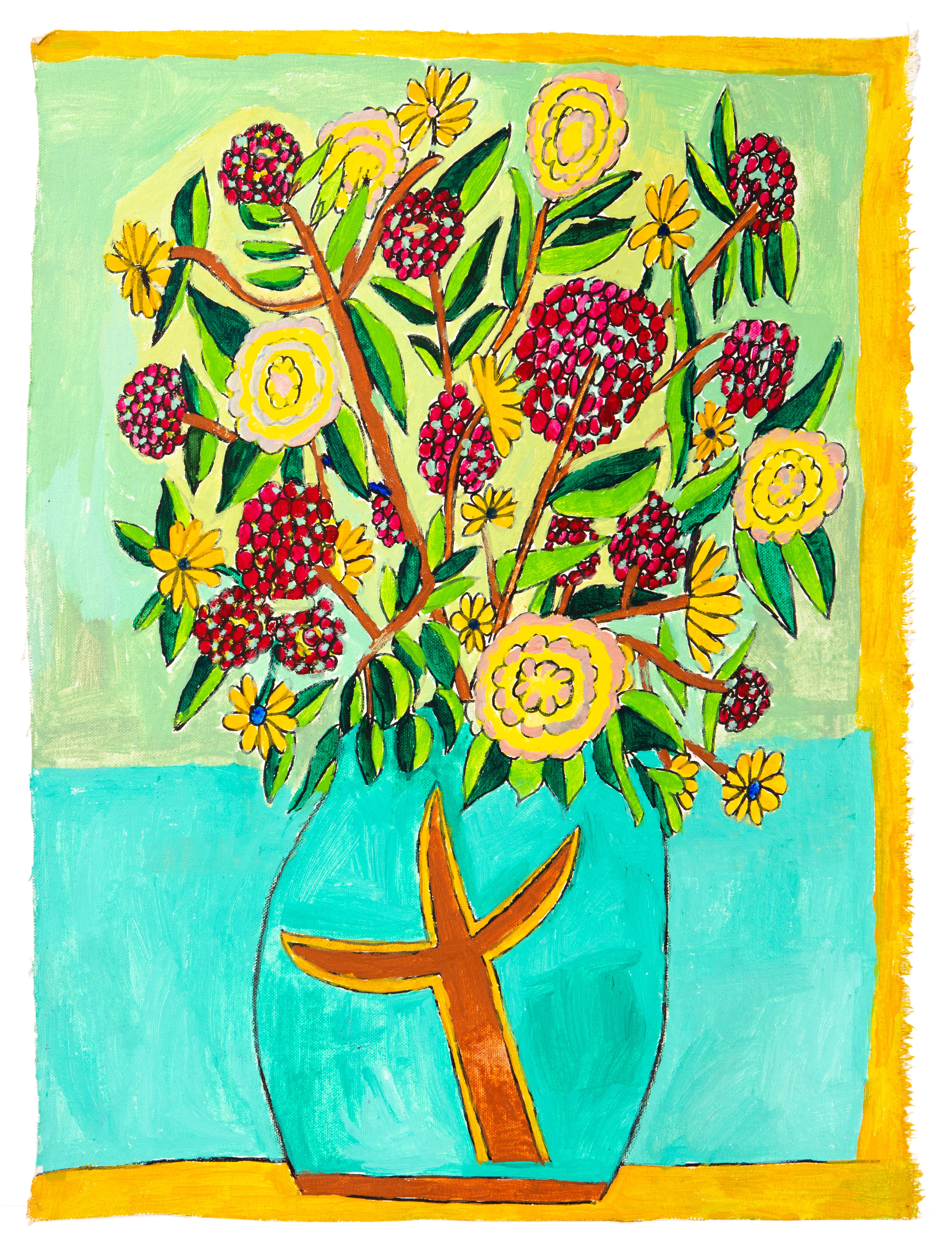 Painting of colorful floral bouquet in turquoise vase with orange cross, mixed media on paper
