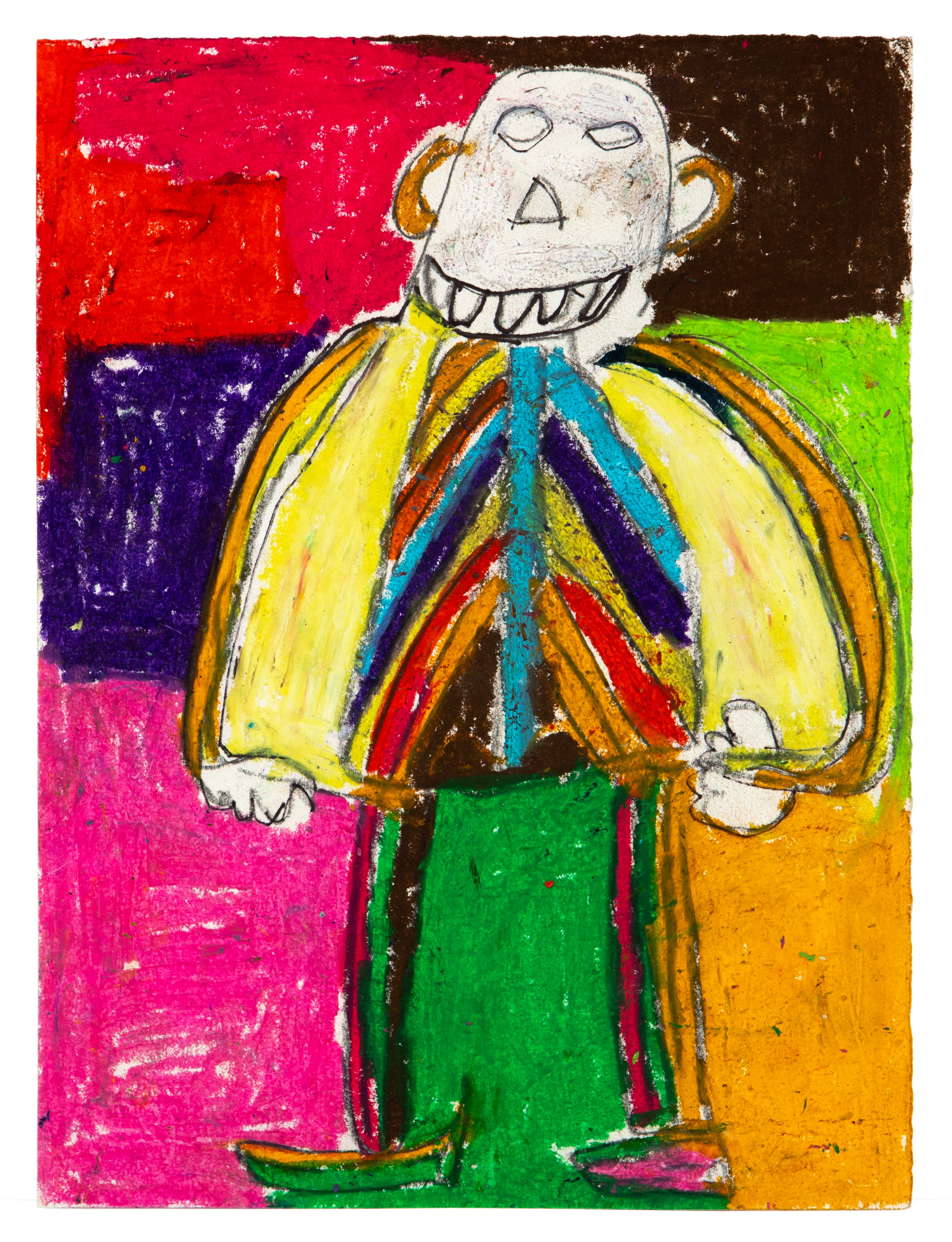 Colorful drawing of a figure with white skull-like head, rainbow striped body, green pants on bright background