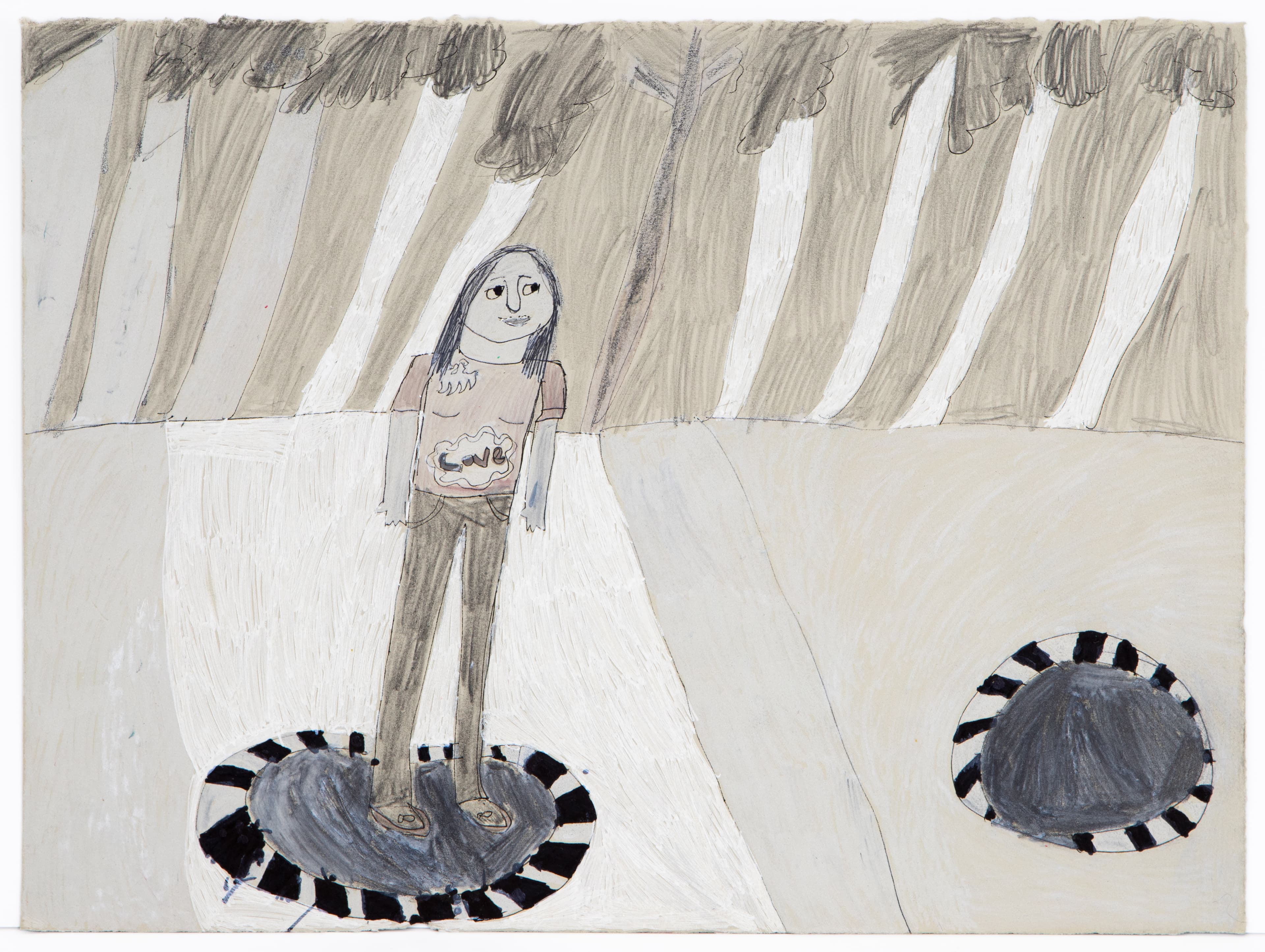 Pencil drawing of a figure standing between two circular openings in a white floor with tree trunks in background