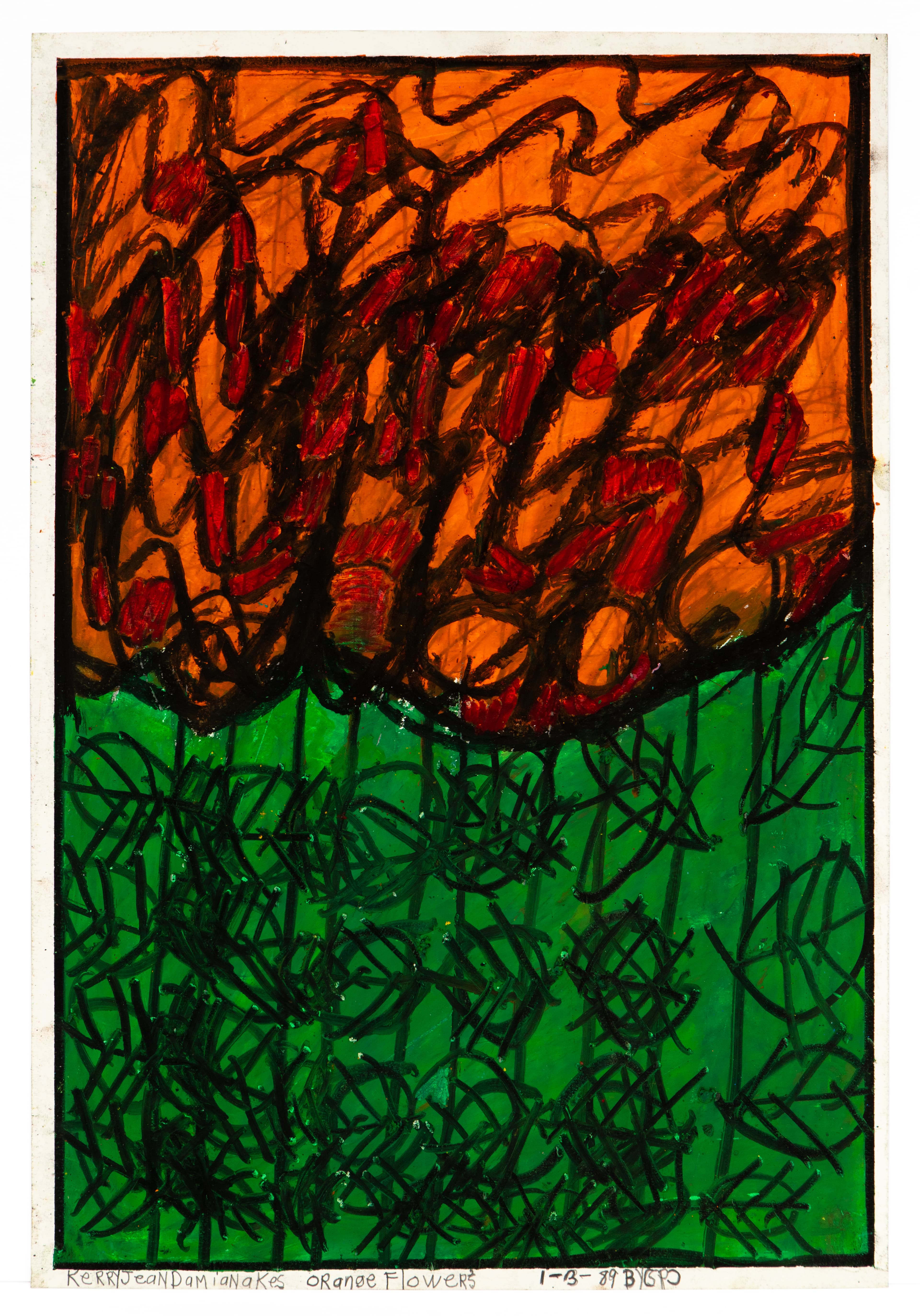 Abstract drawing with orange and red scribbled forms in upper half, green scribbled forms in lower half, pastel on paper