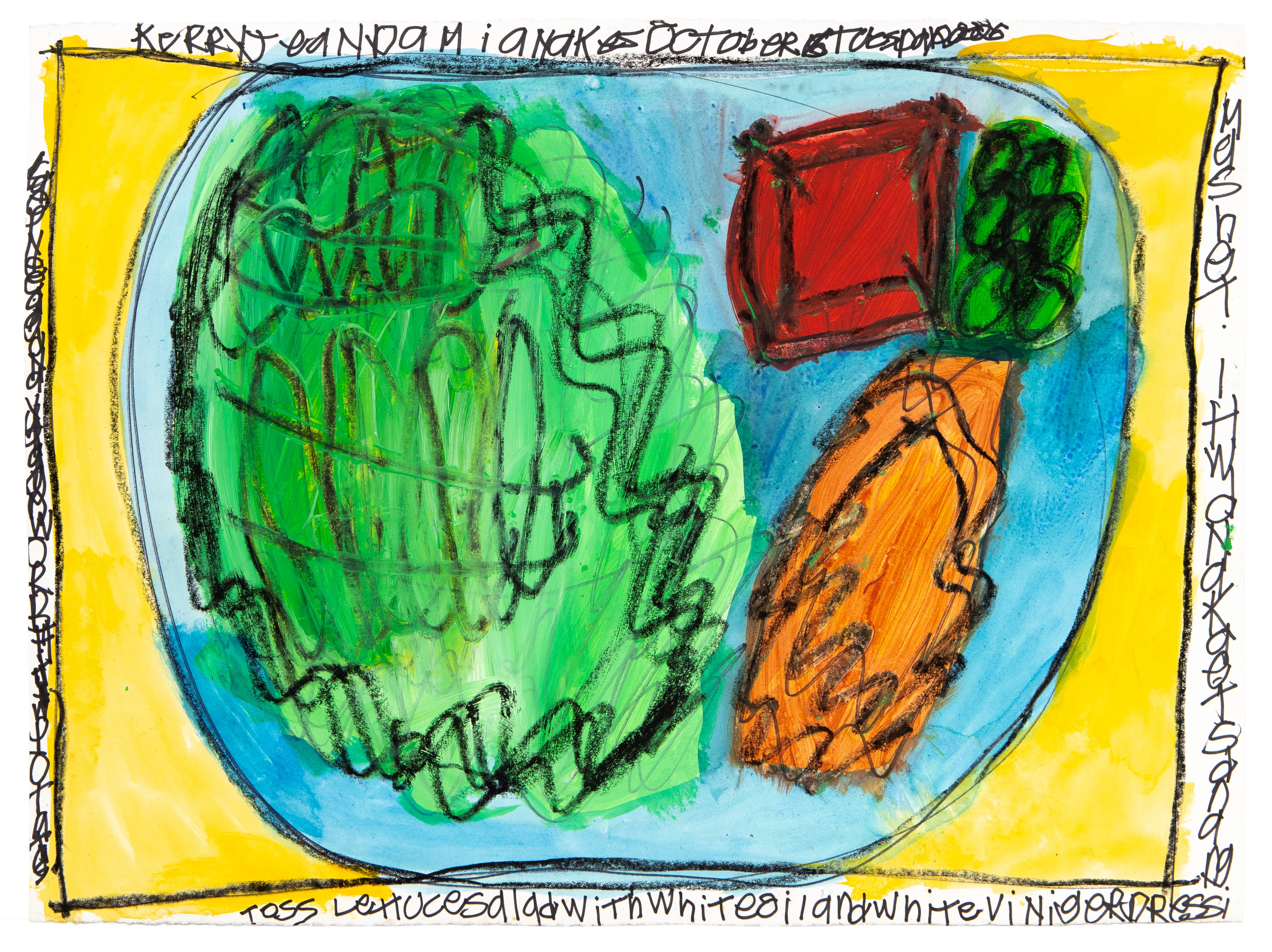 Drawing of a plate with green leafy vegetables, orange and red food items on blue surface, yellow background