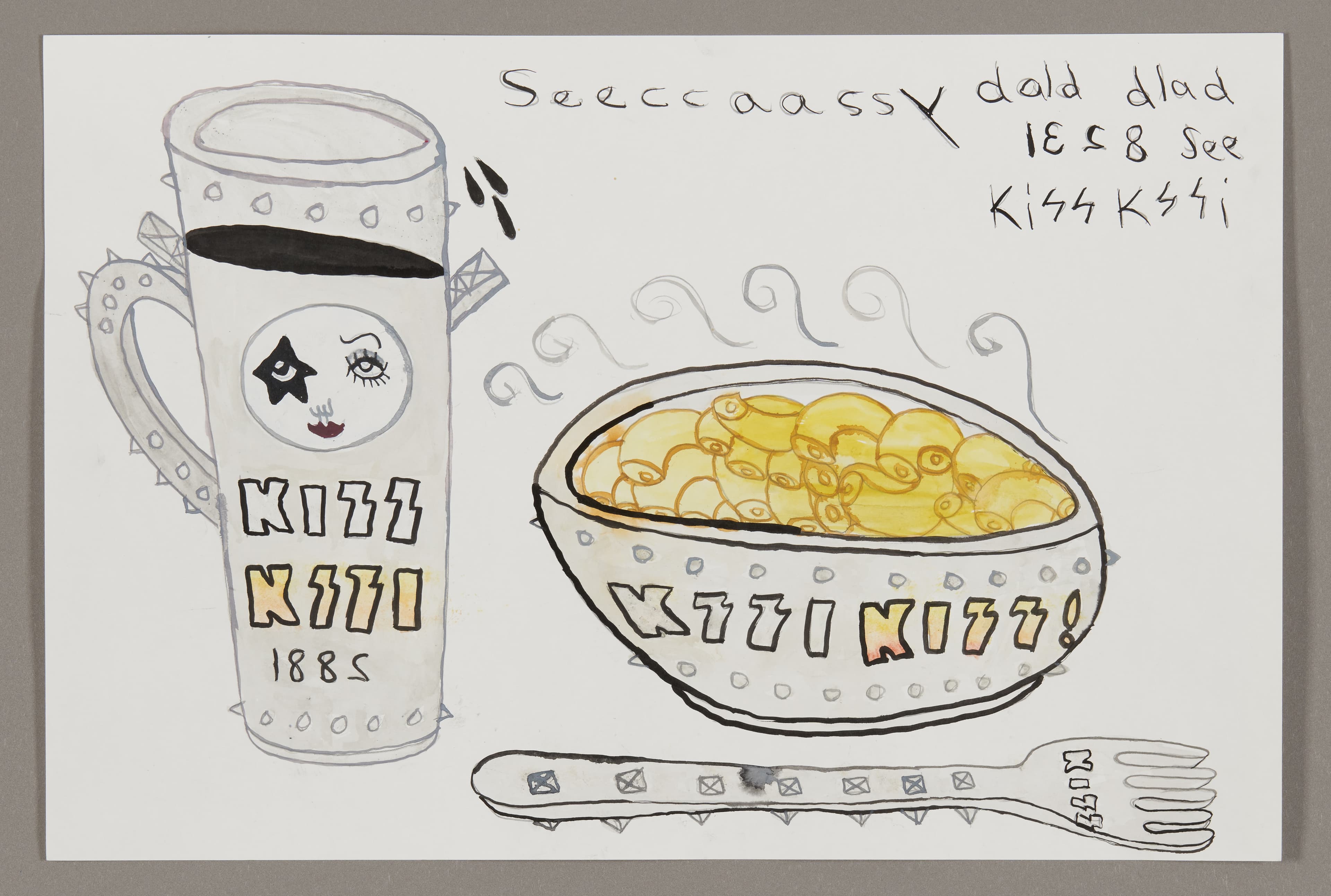Drawing of anthropomorphic mug and bowl with KISS band styling, plus decorative fork, in graphite and watercolor