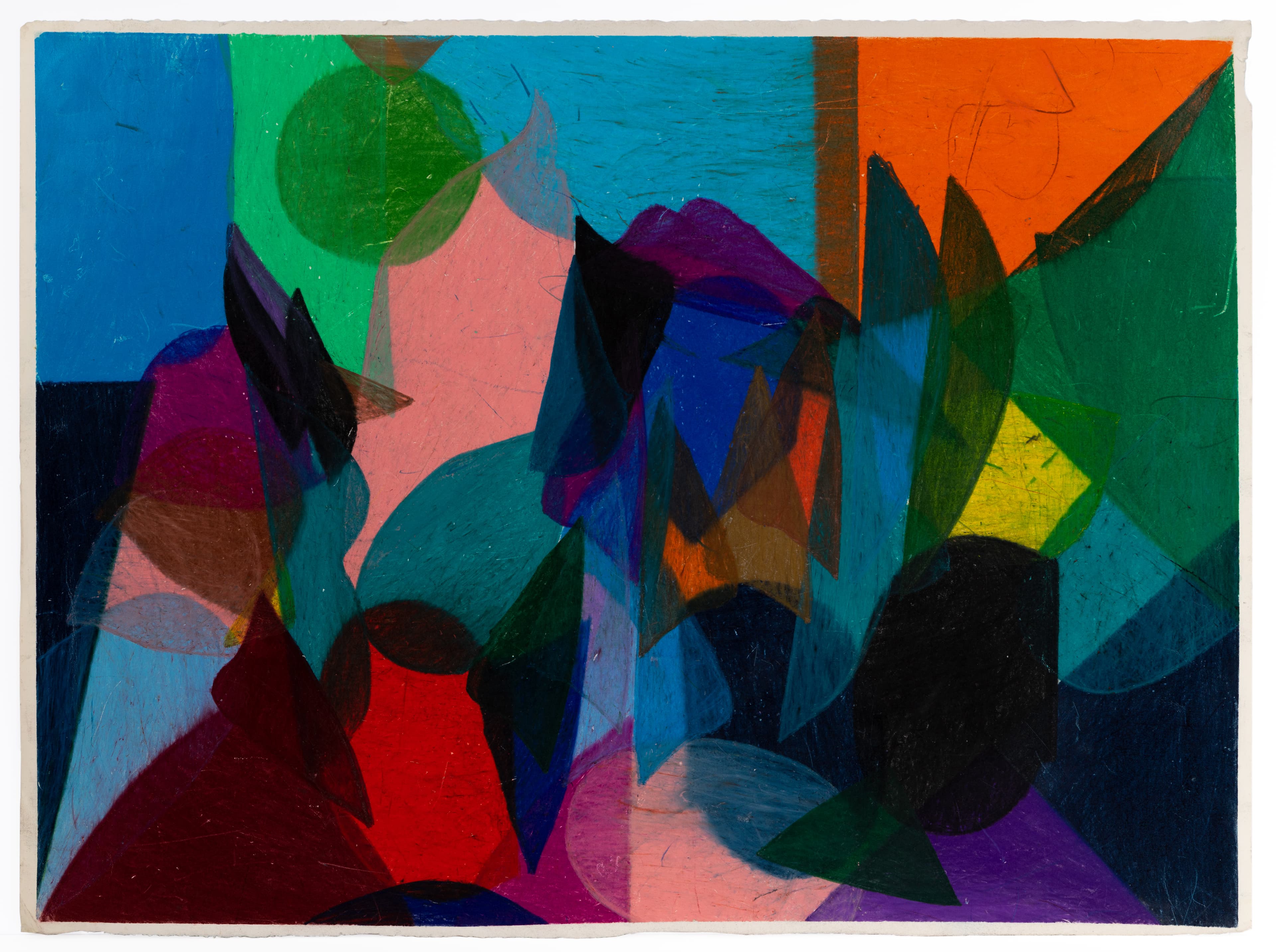 Abstract painting with overlapping geometric shapes in vibrant blues, greens, purples, and orange