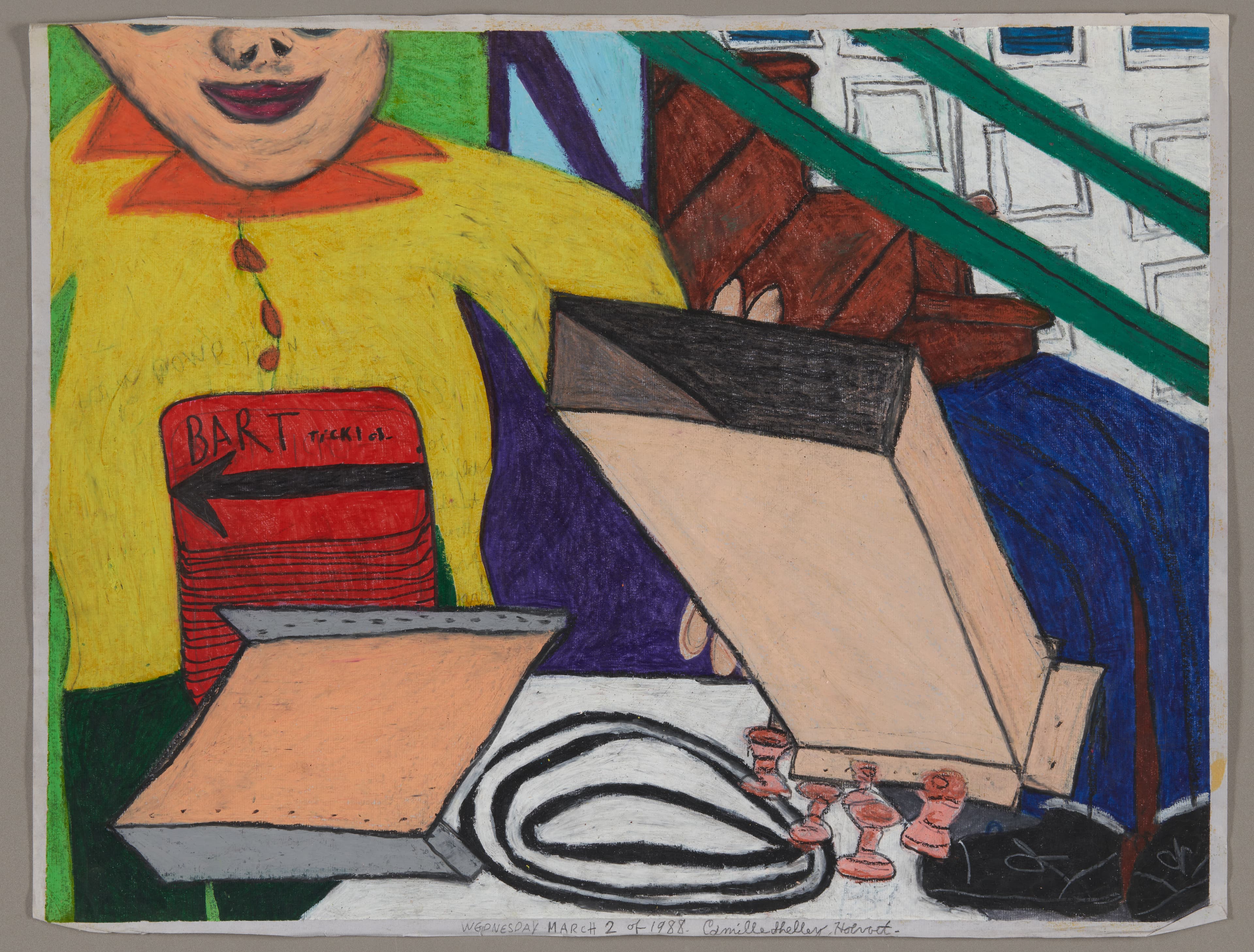 Oil pastel drawing showing a figure in yellow shirt with BART ticket and various objects on stairs