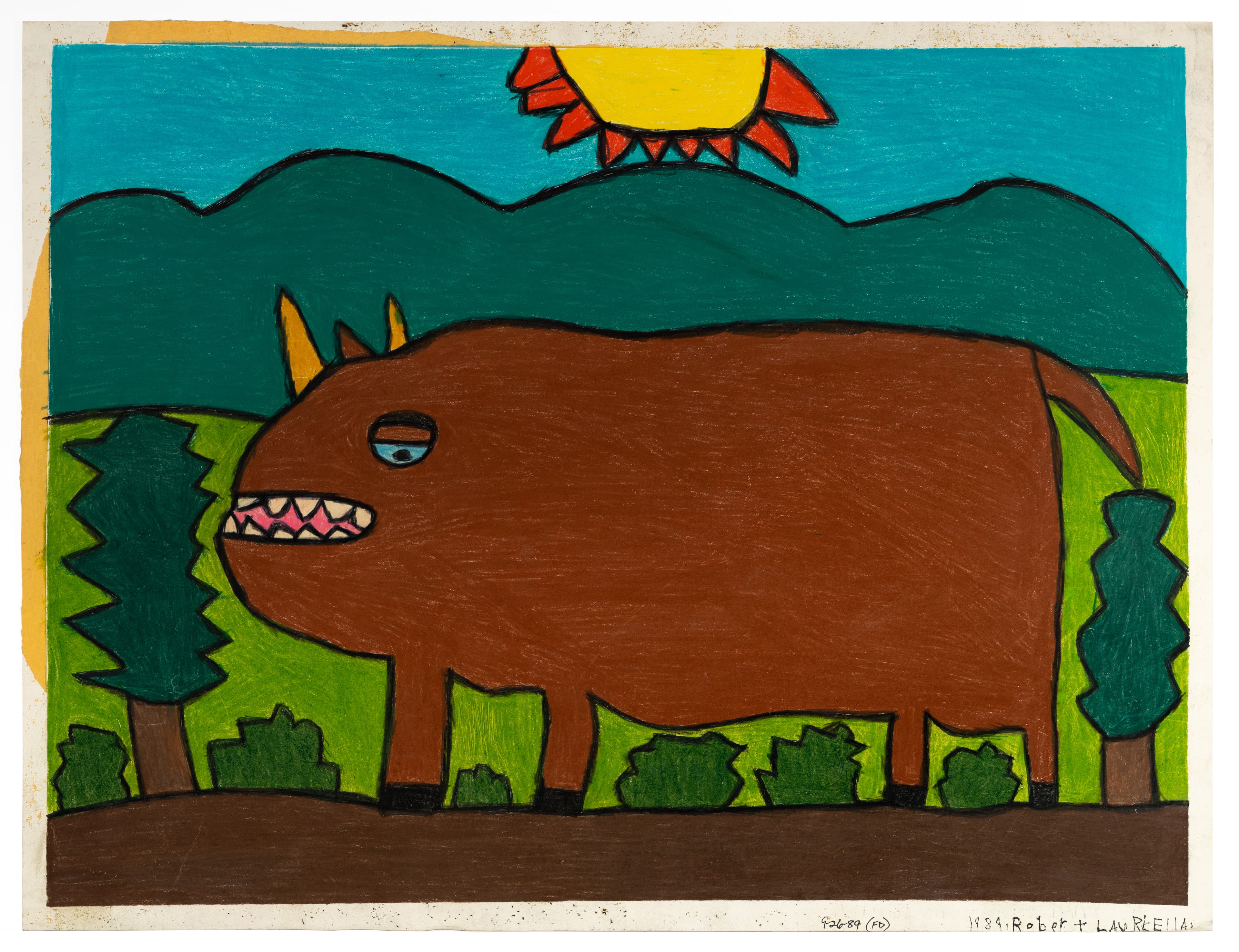 Drawing of brown creature with horns and teeth in landscape with trees, sun, pastel on paper