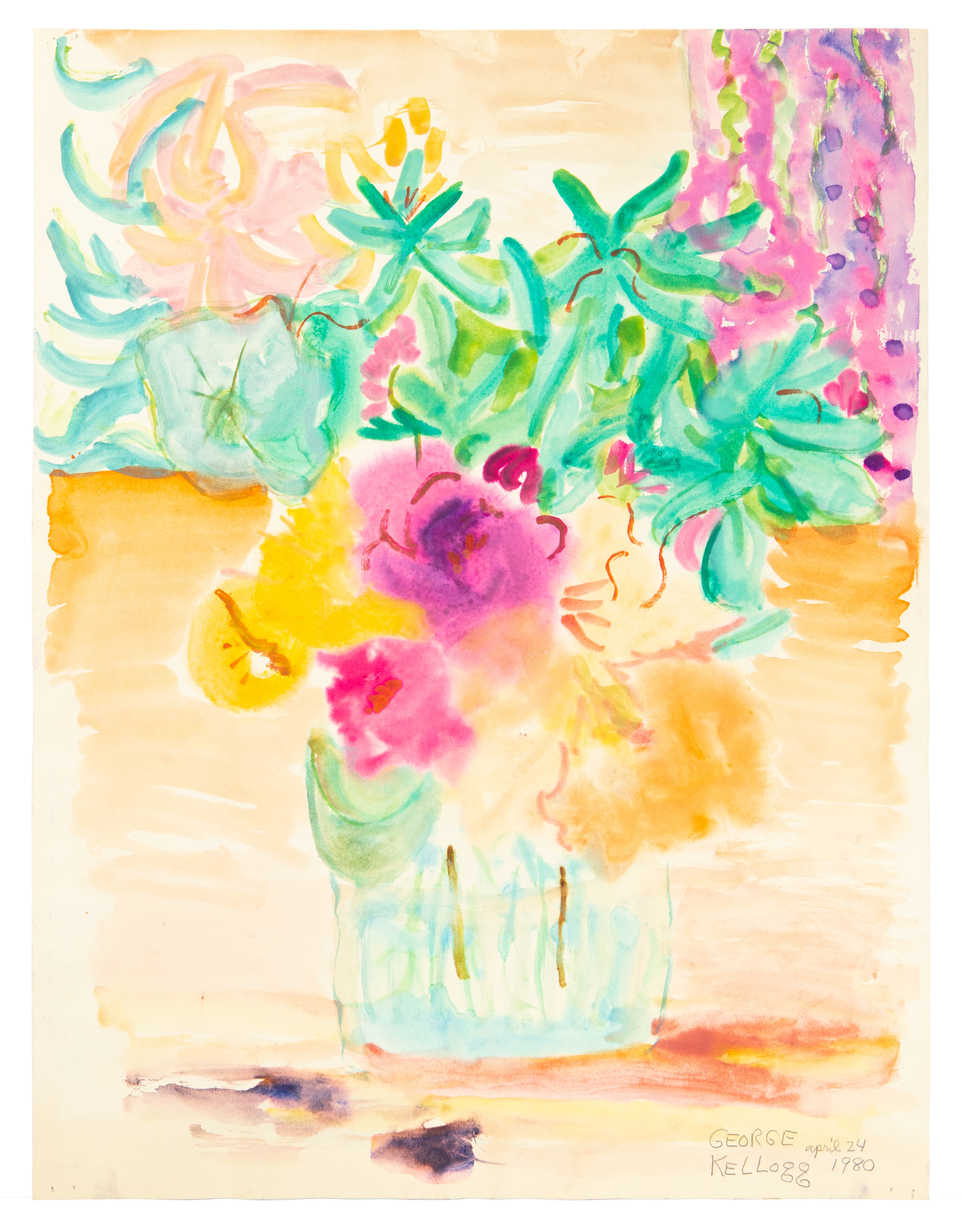 Watercolor painting of flowers in a vase with loose, flowing brushstrokes in bright colors