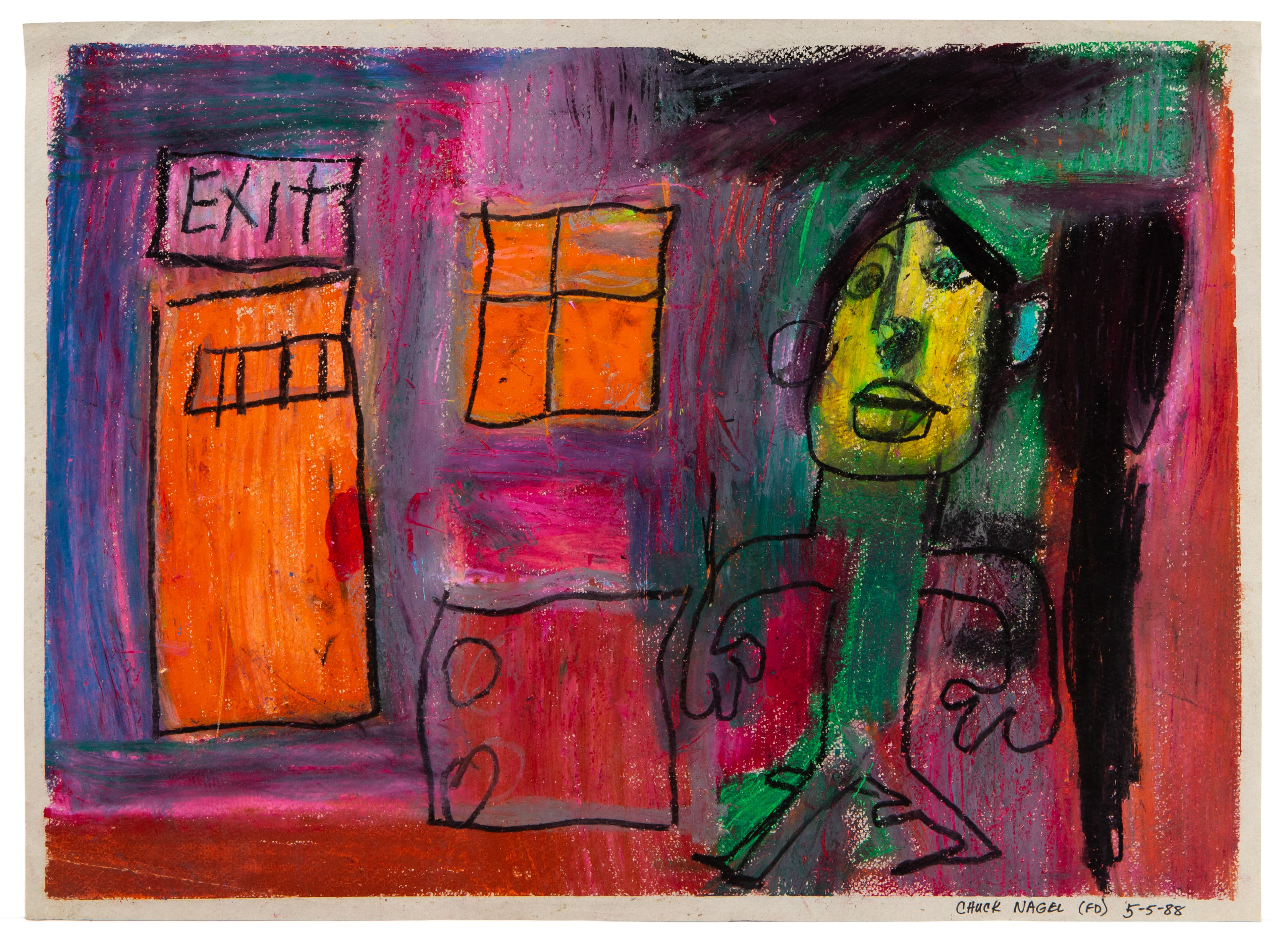 Mixed media drawing with vibrant colors showing figure with yellow-green face in interior space with EXIT sign