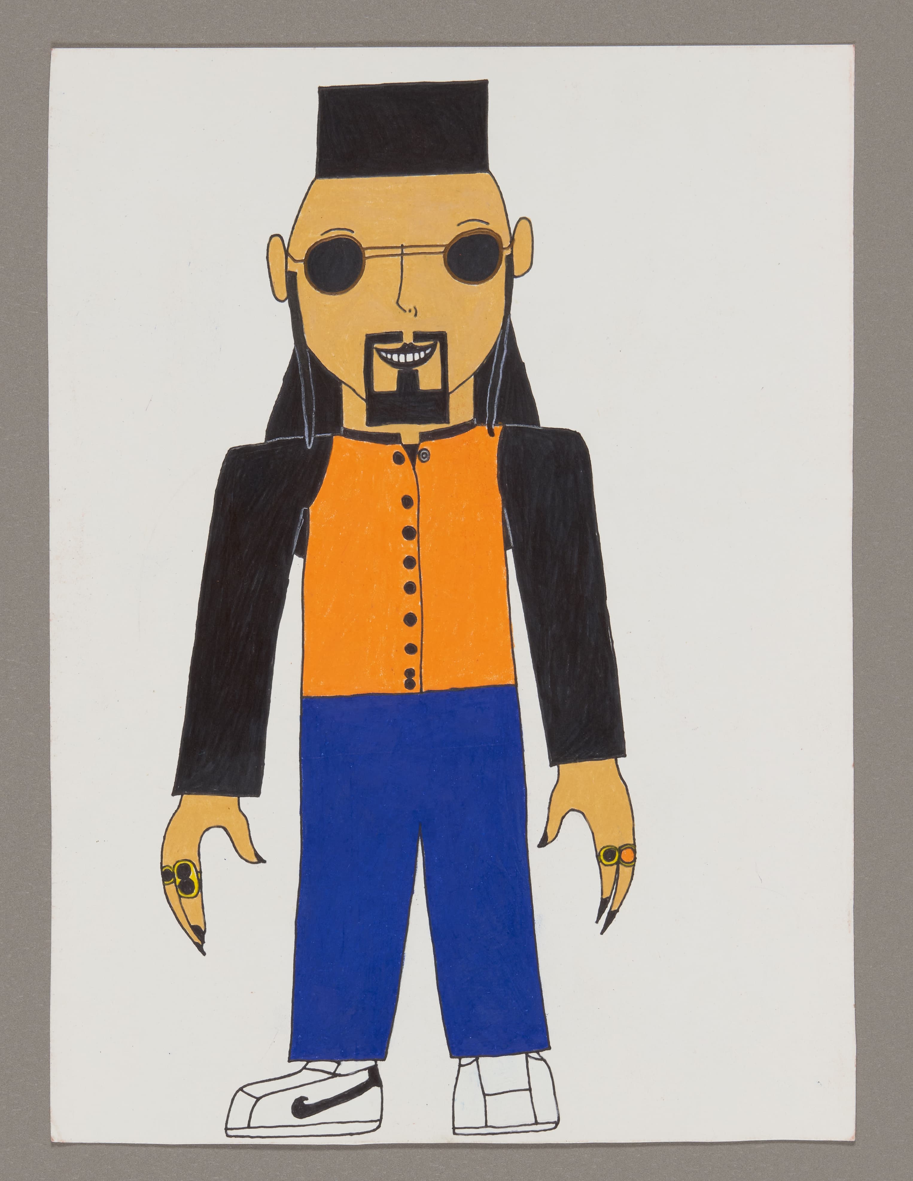 Drawing of a figure with round glasses, black hat, and colorful clothing in marker and colored pencil on paper