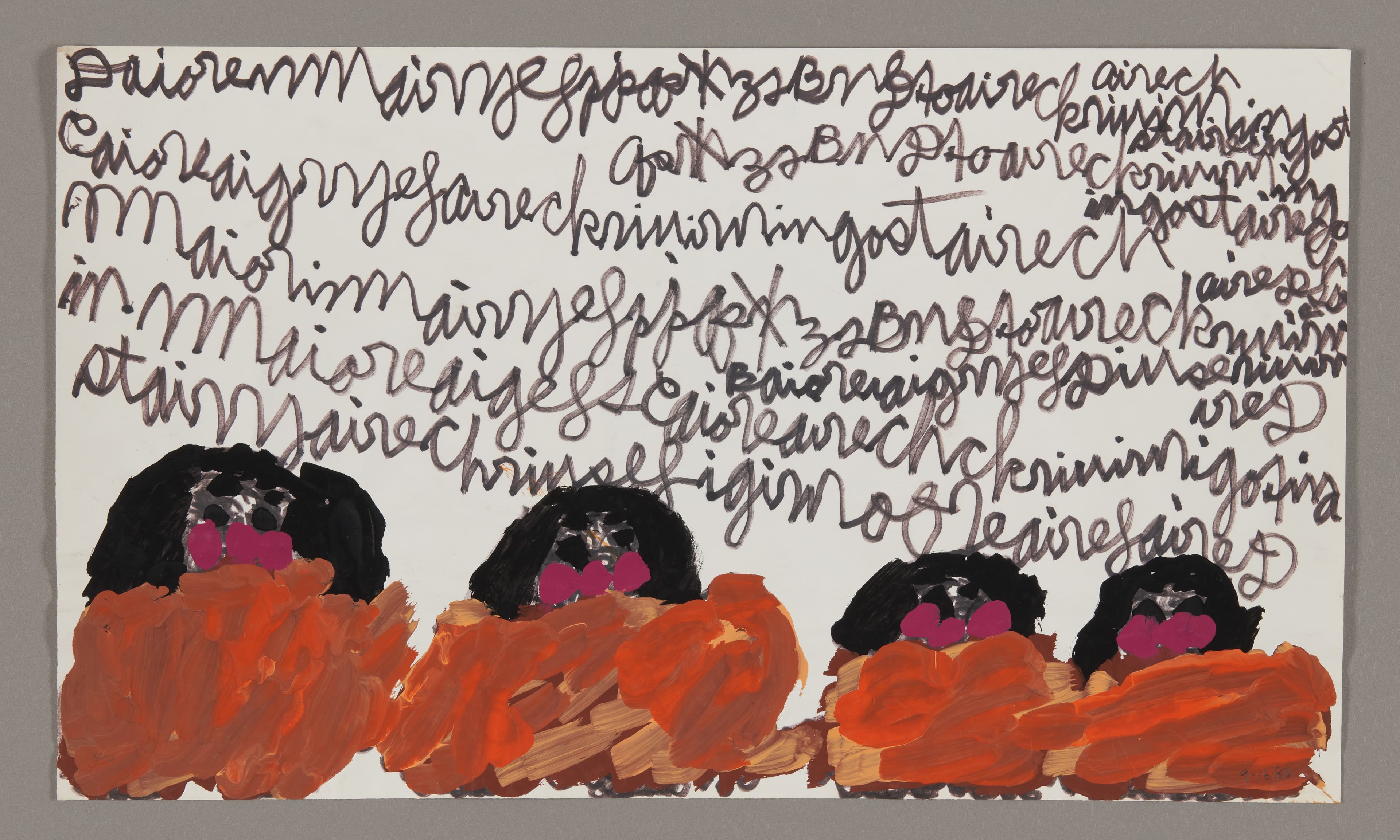 Mixed media artwork with handwritten text above four figures with black hair and orange clothing on paper