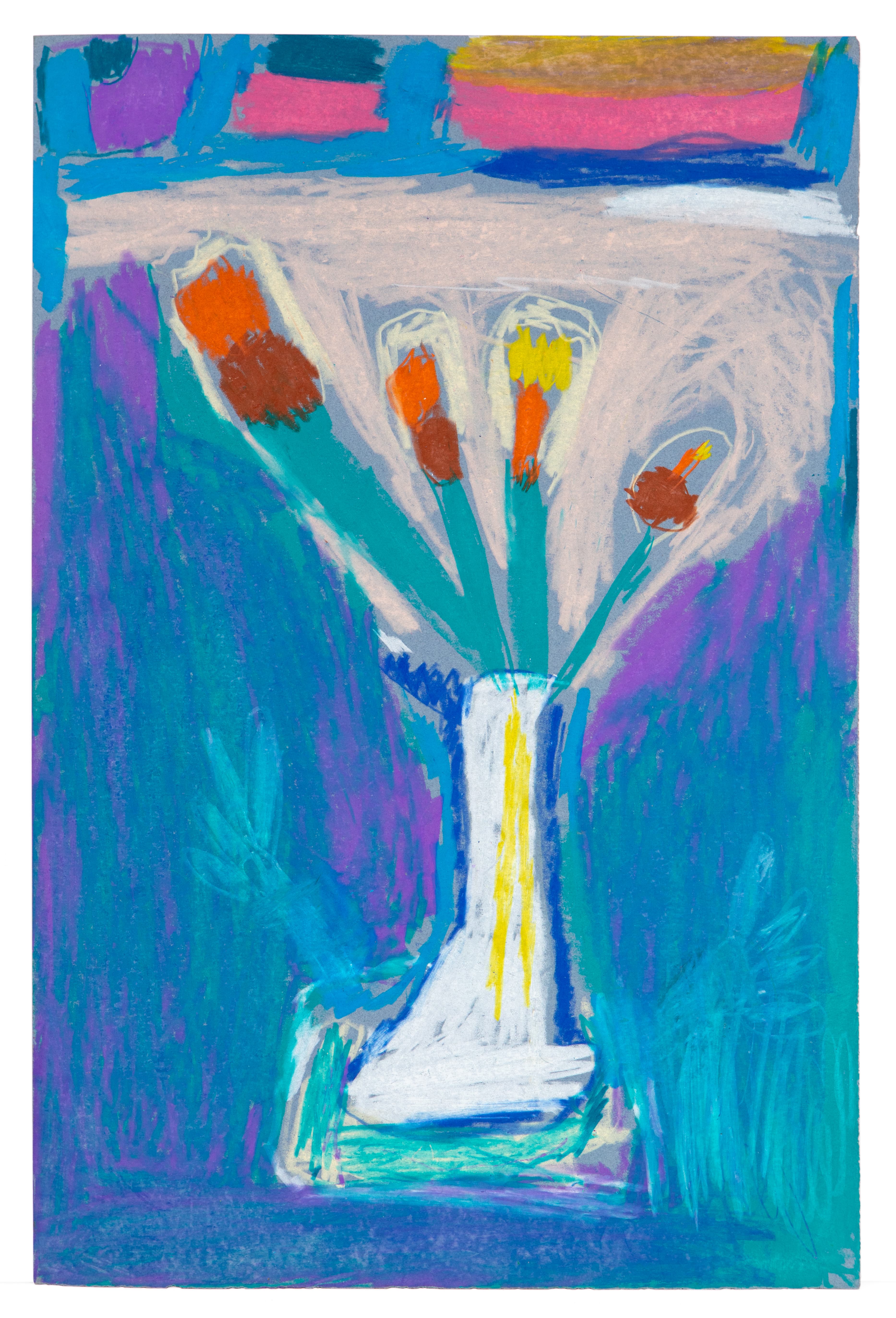 Pastel drawing of paintbrushes in white vase with colorful tips against blue and purple background