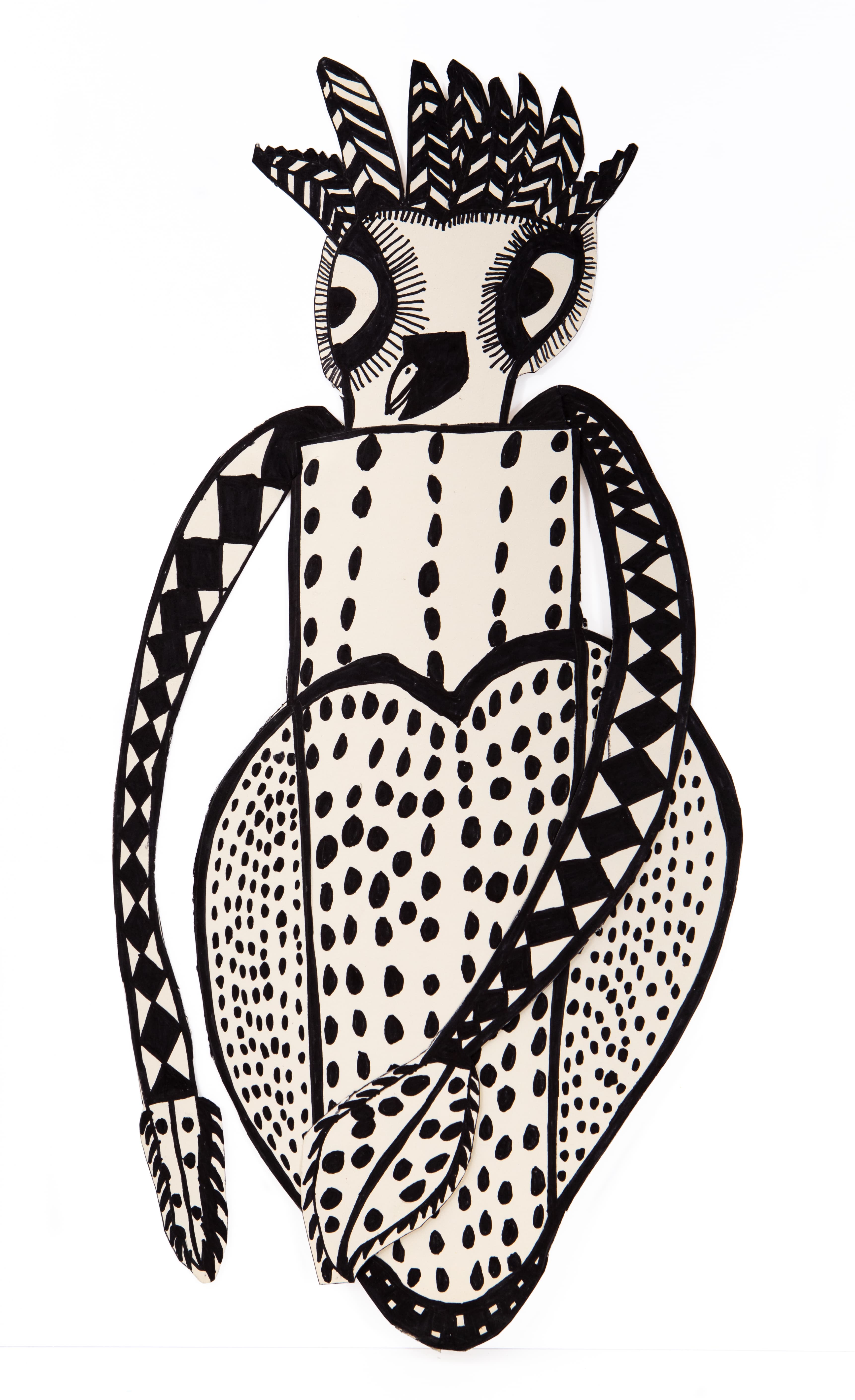 Black ink drawing of an owl-like figure with feathered headdress and patterned body on cream paper