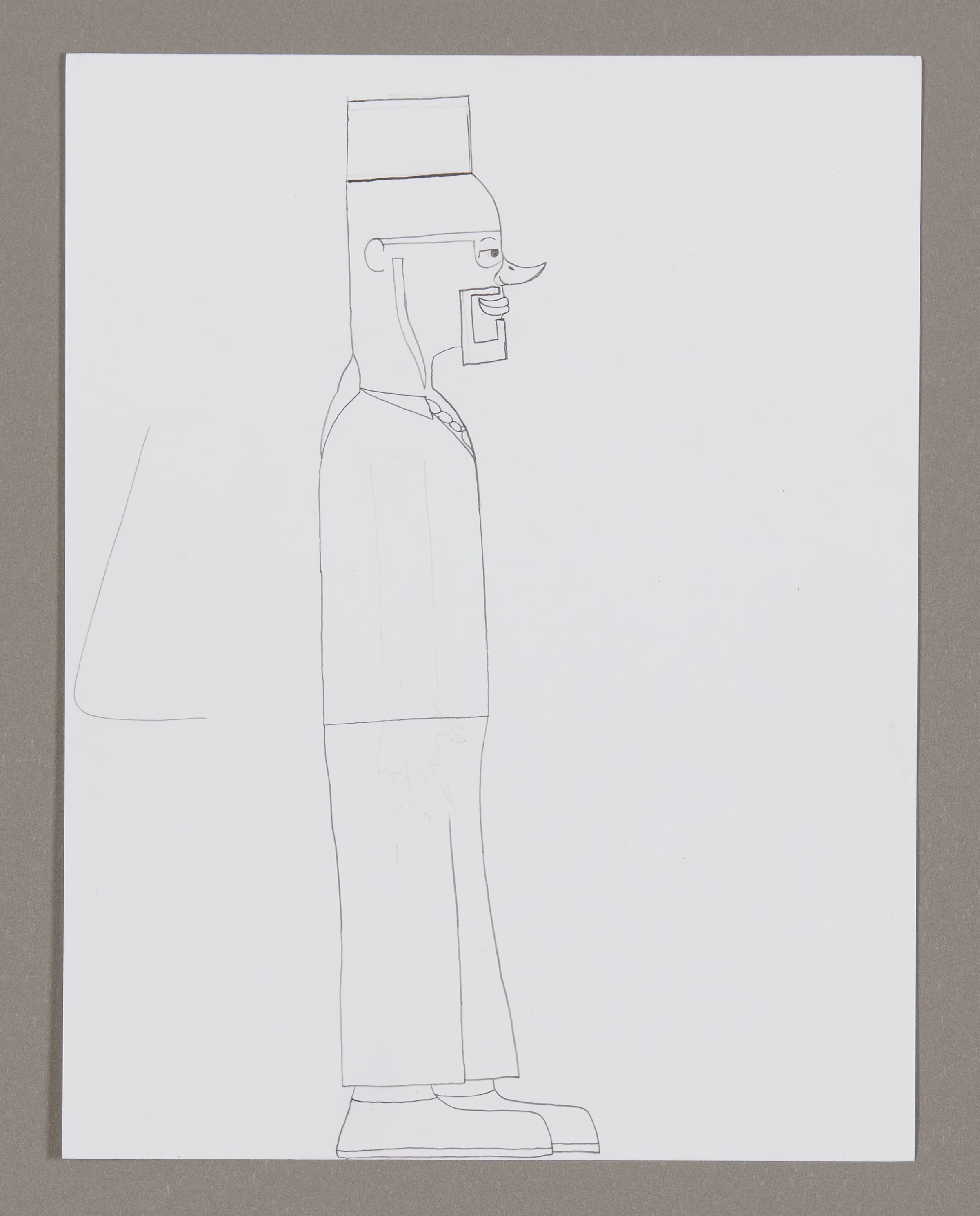 Line drawing of a standing figure in profile wearing a hat, rendered in graphite on white paper