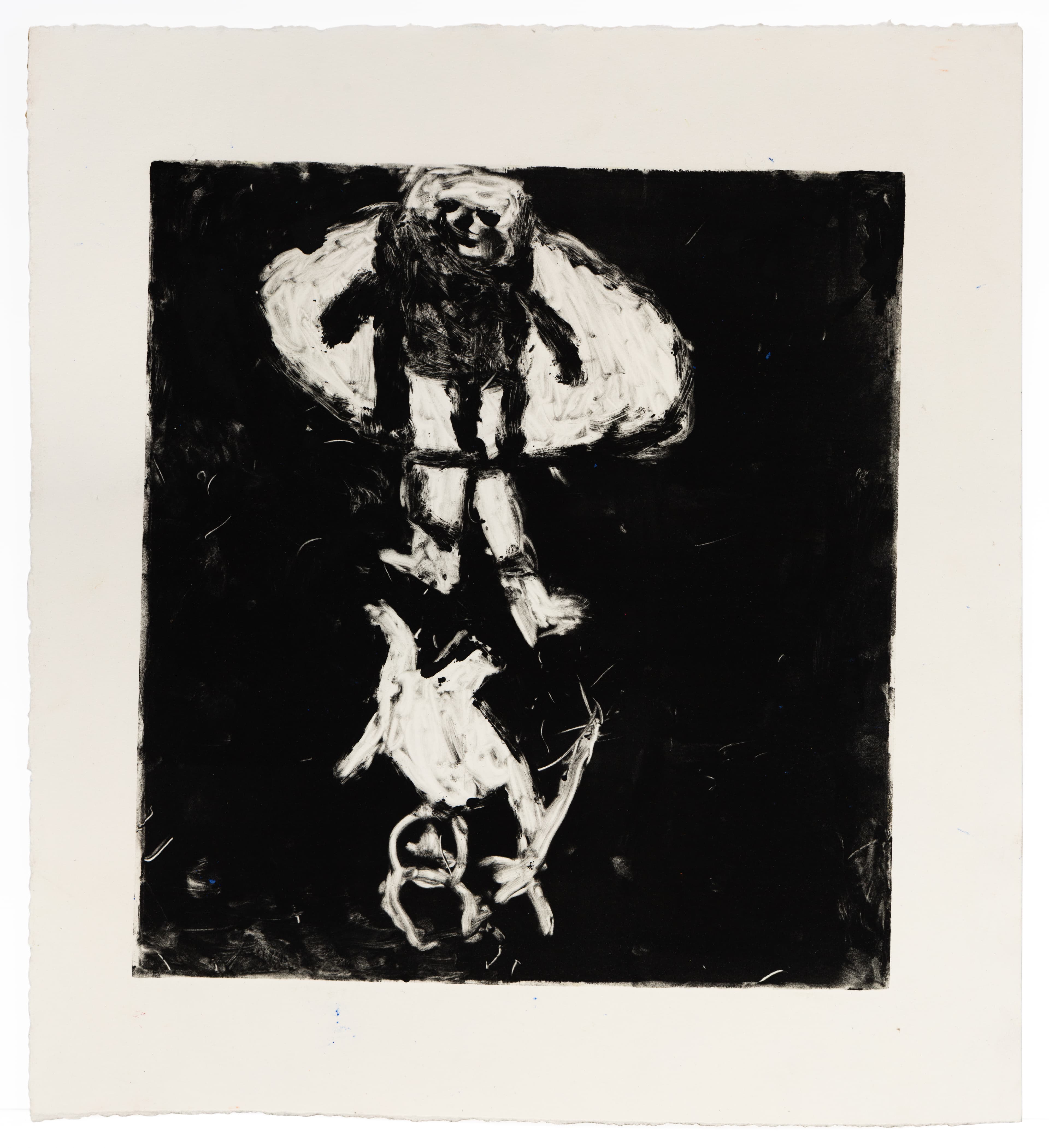 Black and white print showing two figures - one seated above, one below reaching toward a circular object