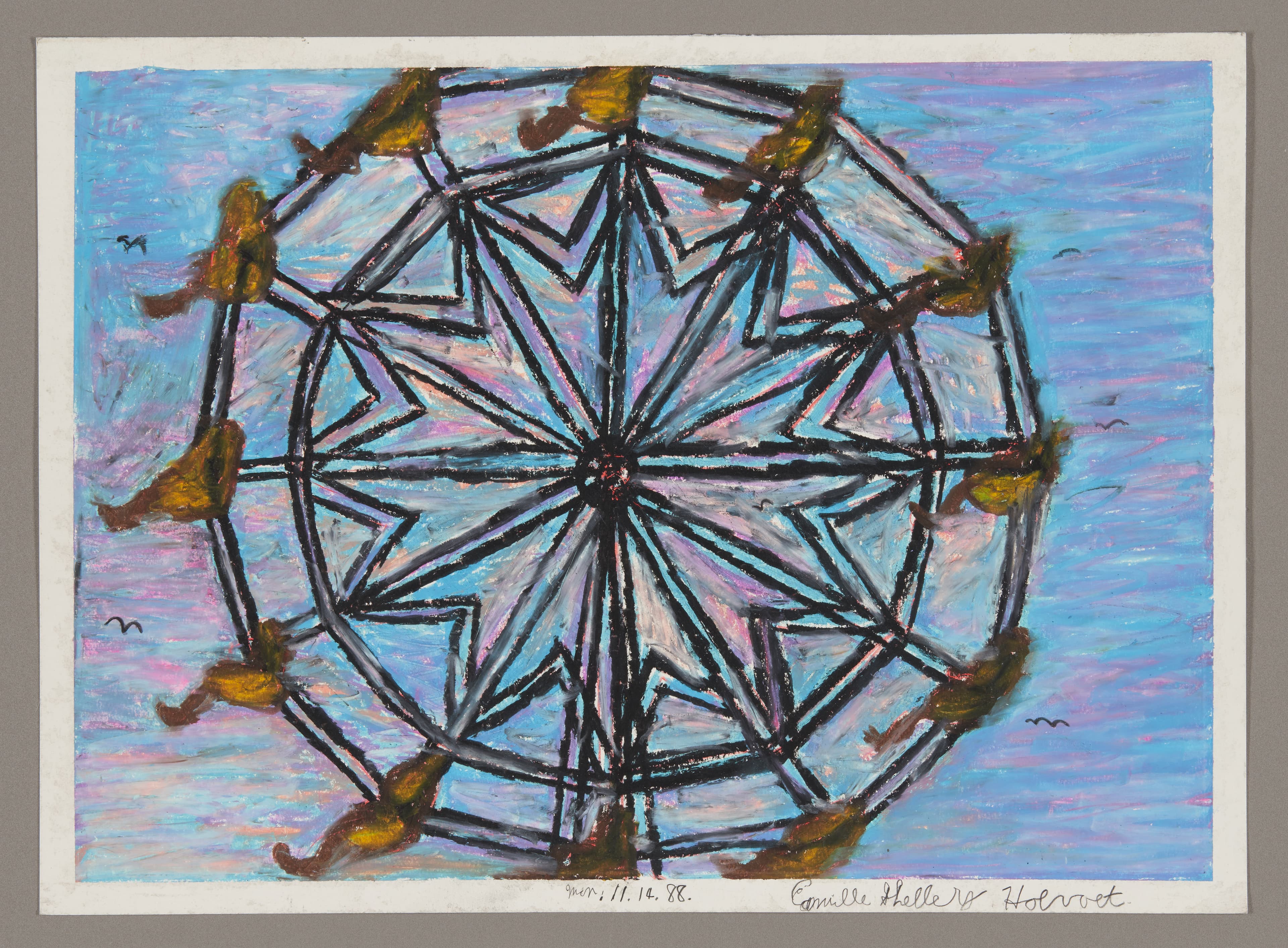Drawing of a Ferris wheel in oil pastel with geometric spokes radiating from center against blue and purple sky