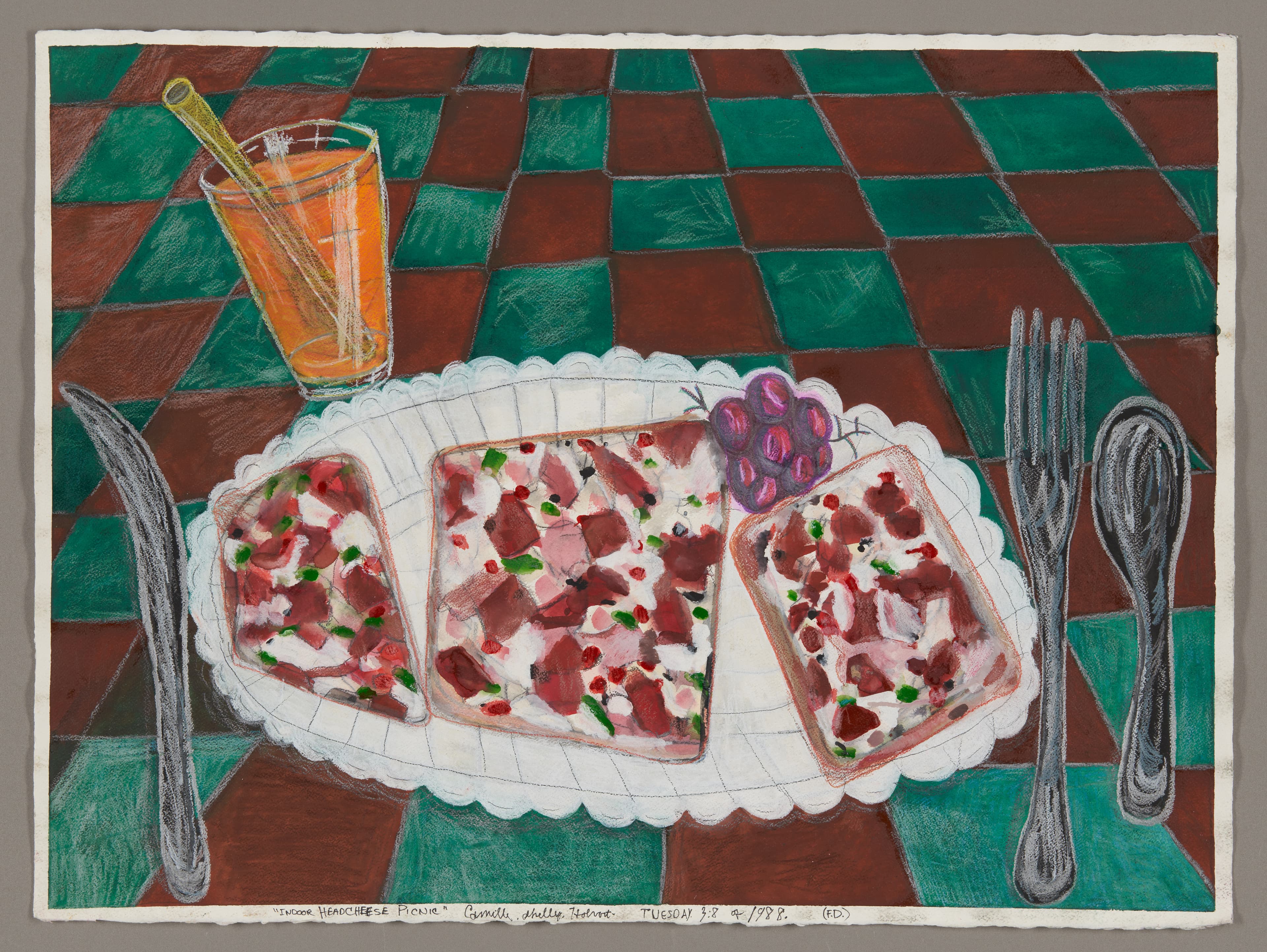Oil pastel drawing of plated food on checkered tablecloth with fork, knife, and glass