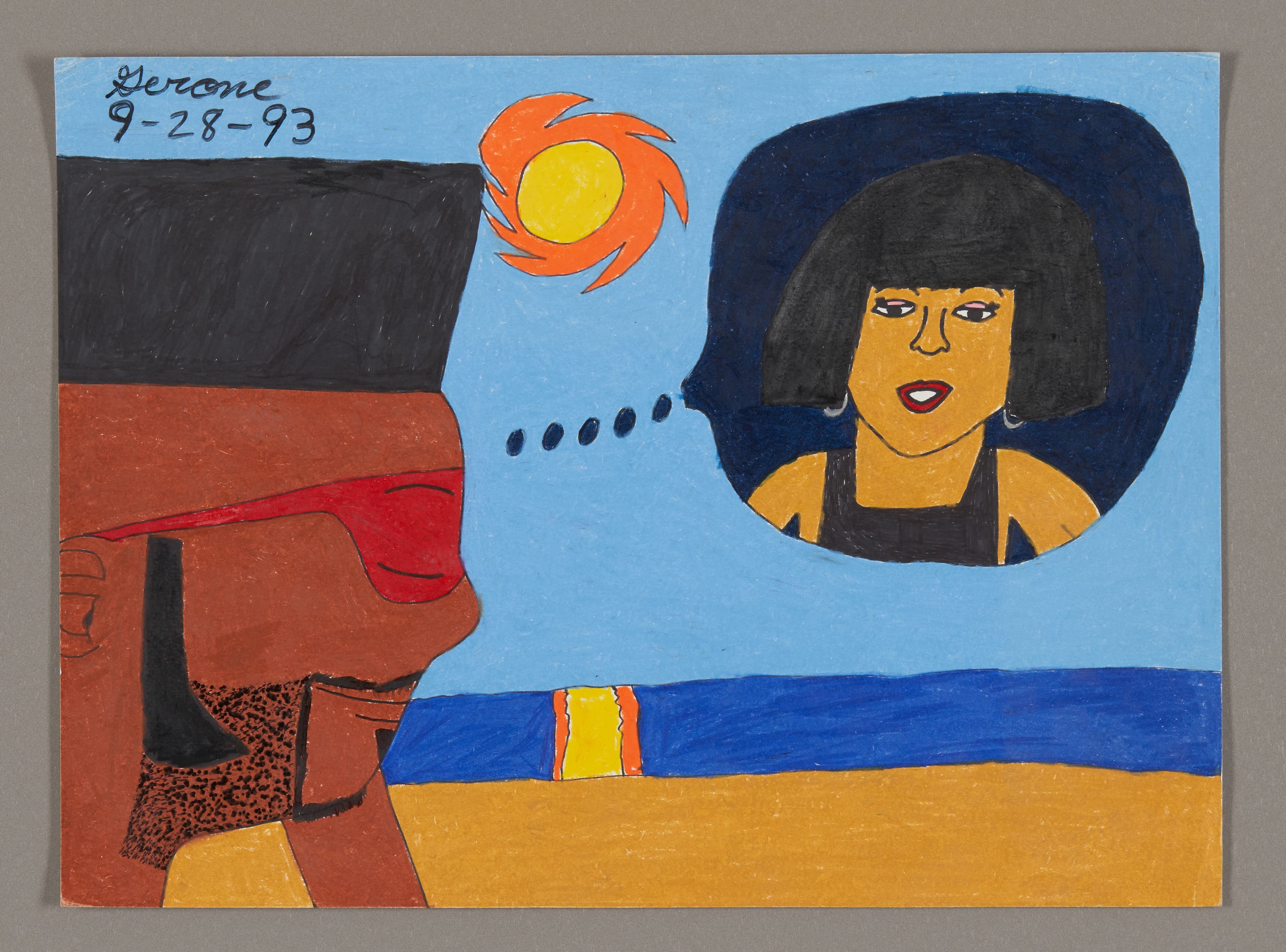 Mixed media drawing showing a profile figure and portrait in a circle with sun, ocean, and beach scene