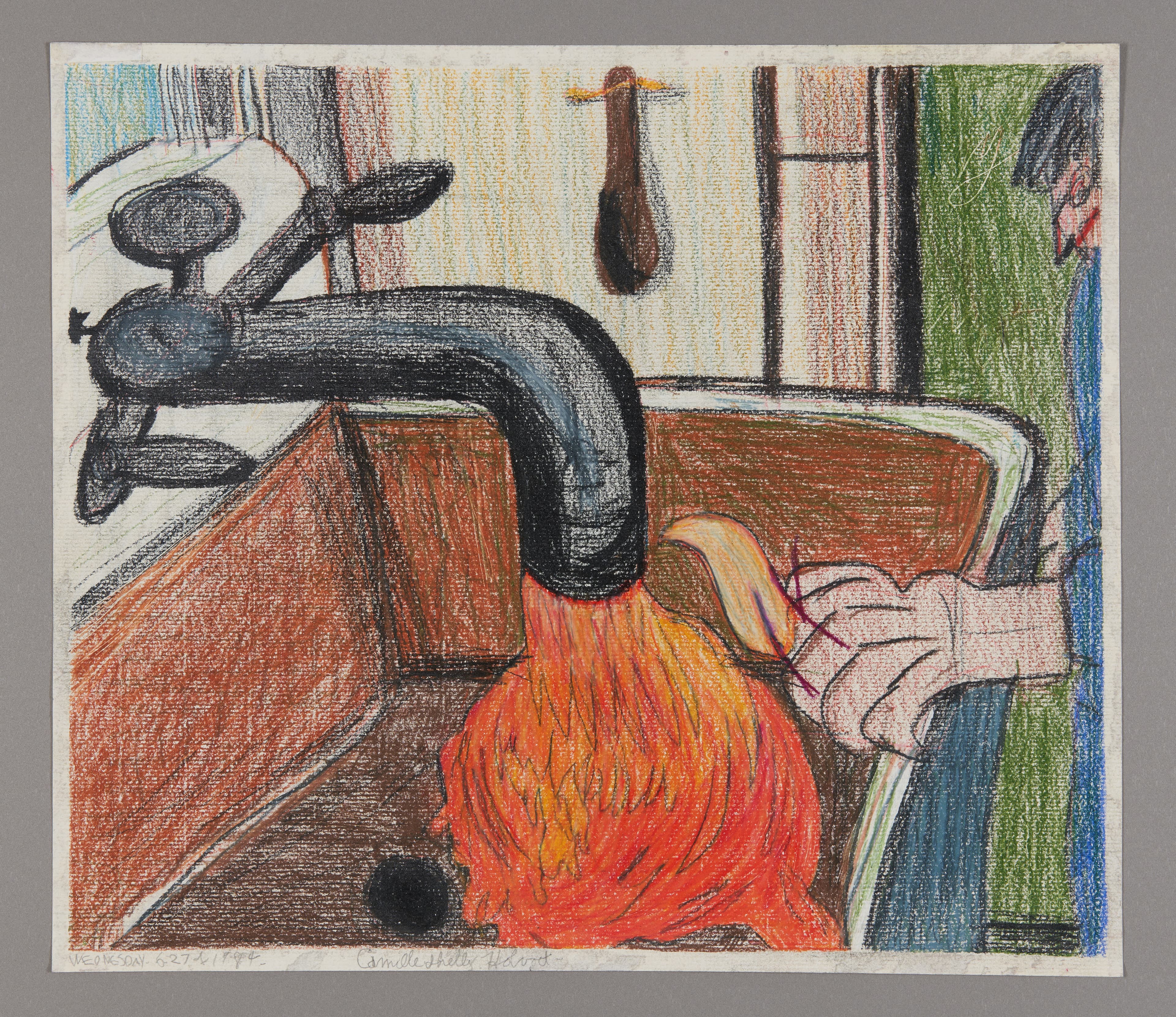 Oil pastel and graphite drawing of kitchen sink with flame-like forms, colored pencil on paper