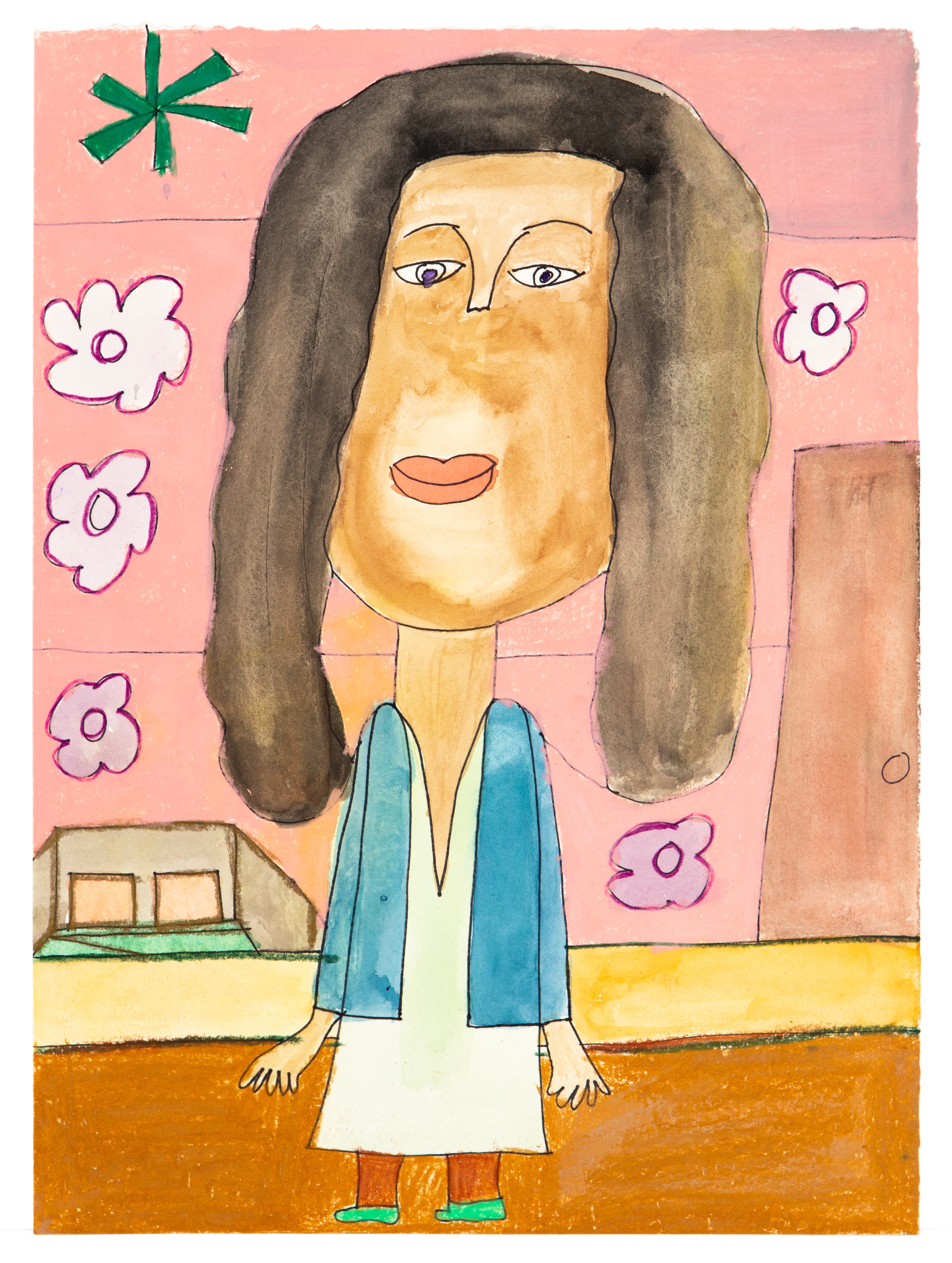 Watercolor painting of a figure with long dark hair wearing blue and white clothing against pink background with flowers
