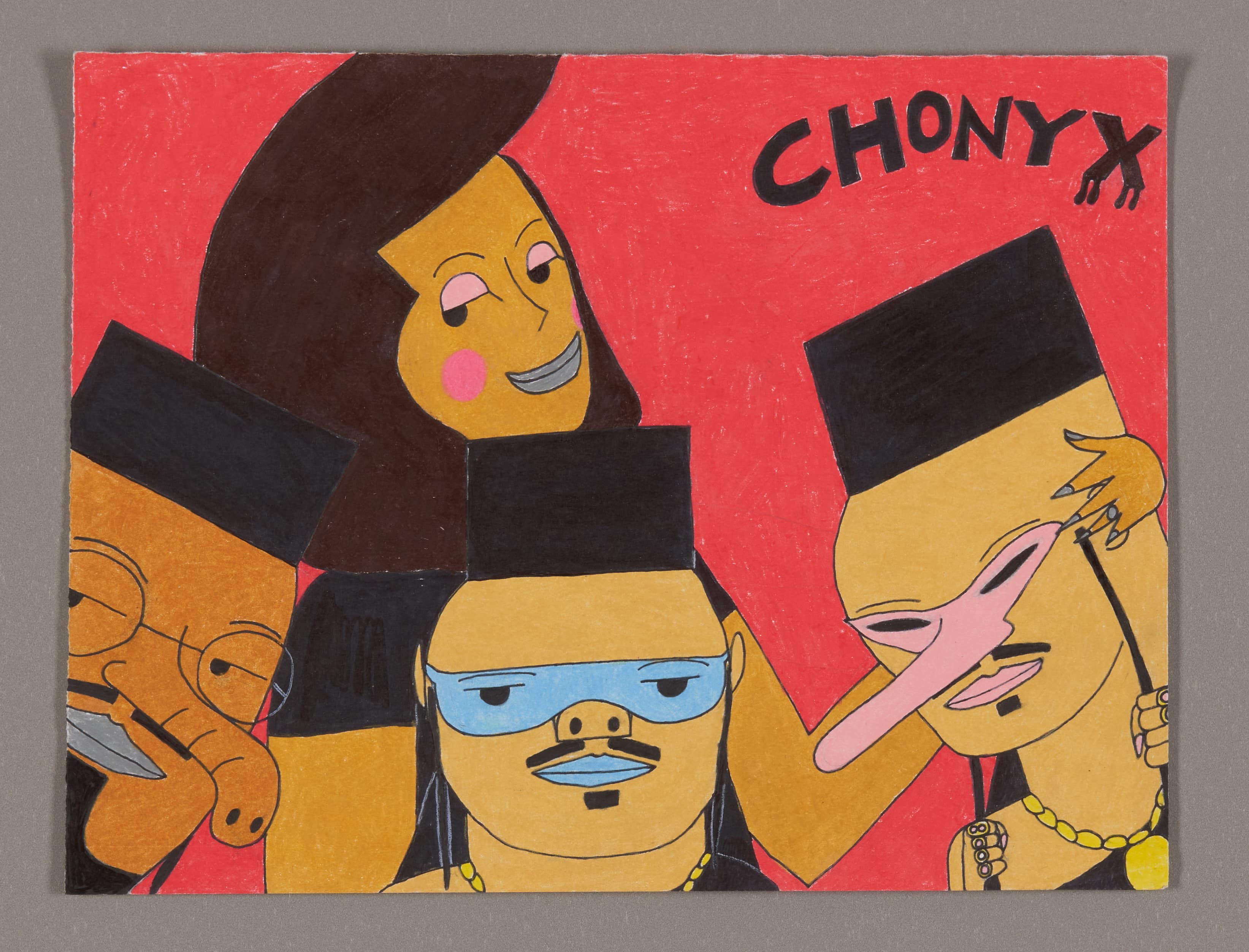 Drawing of four cartoon-style figures with yellow faces wearing black hats on bright red background, titled 'CHONYX'