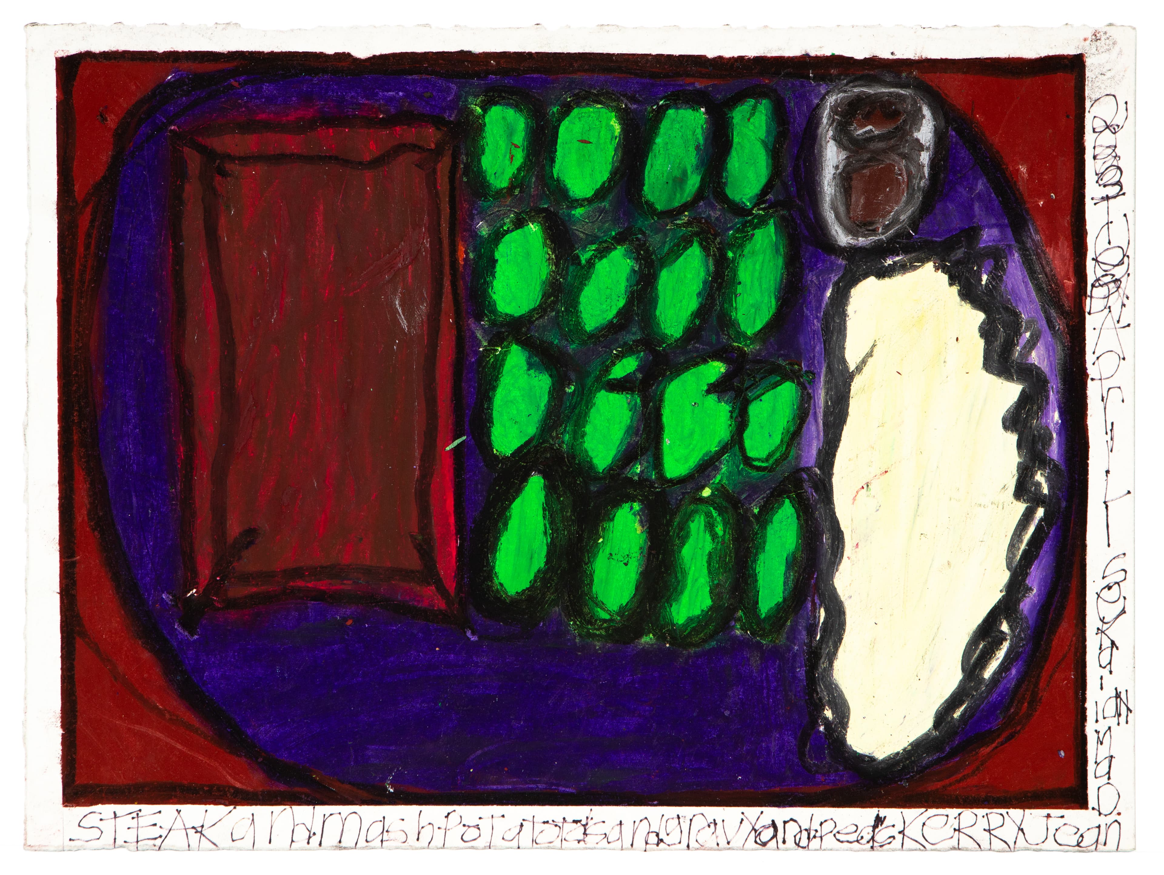 Pastel drawing of a dinner plate with steak, green peas, mashed potatoes, and gravy on purple plate
