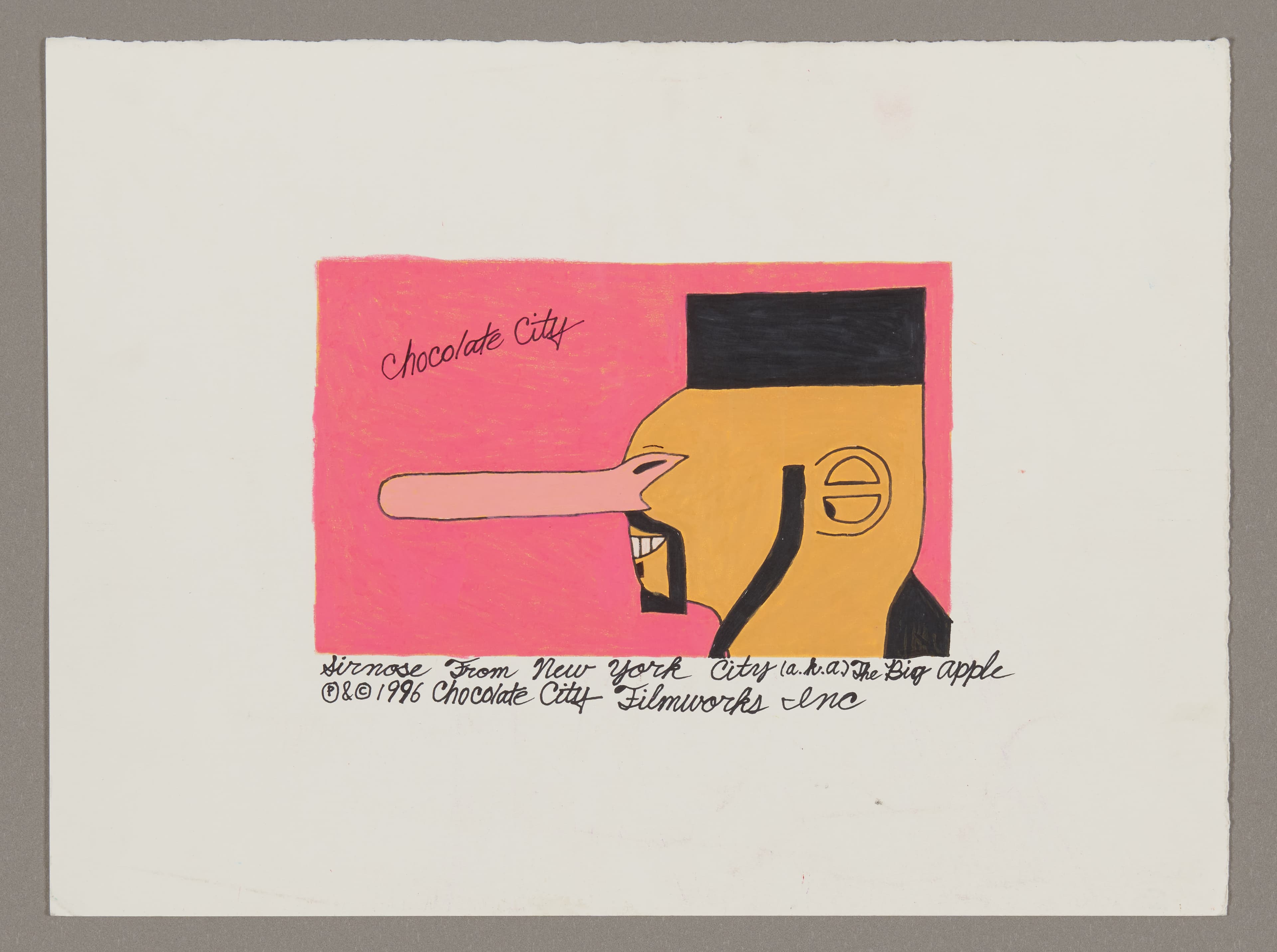 Drawing of a stylized figure in profile with orange face and black hat against pink background, mixed media on paper