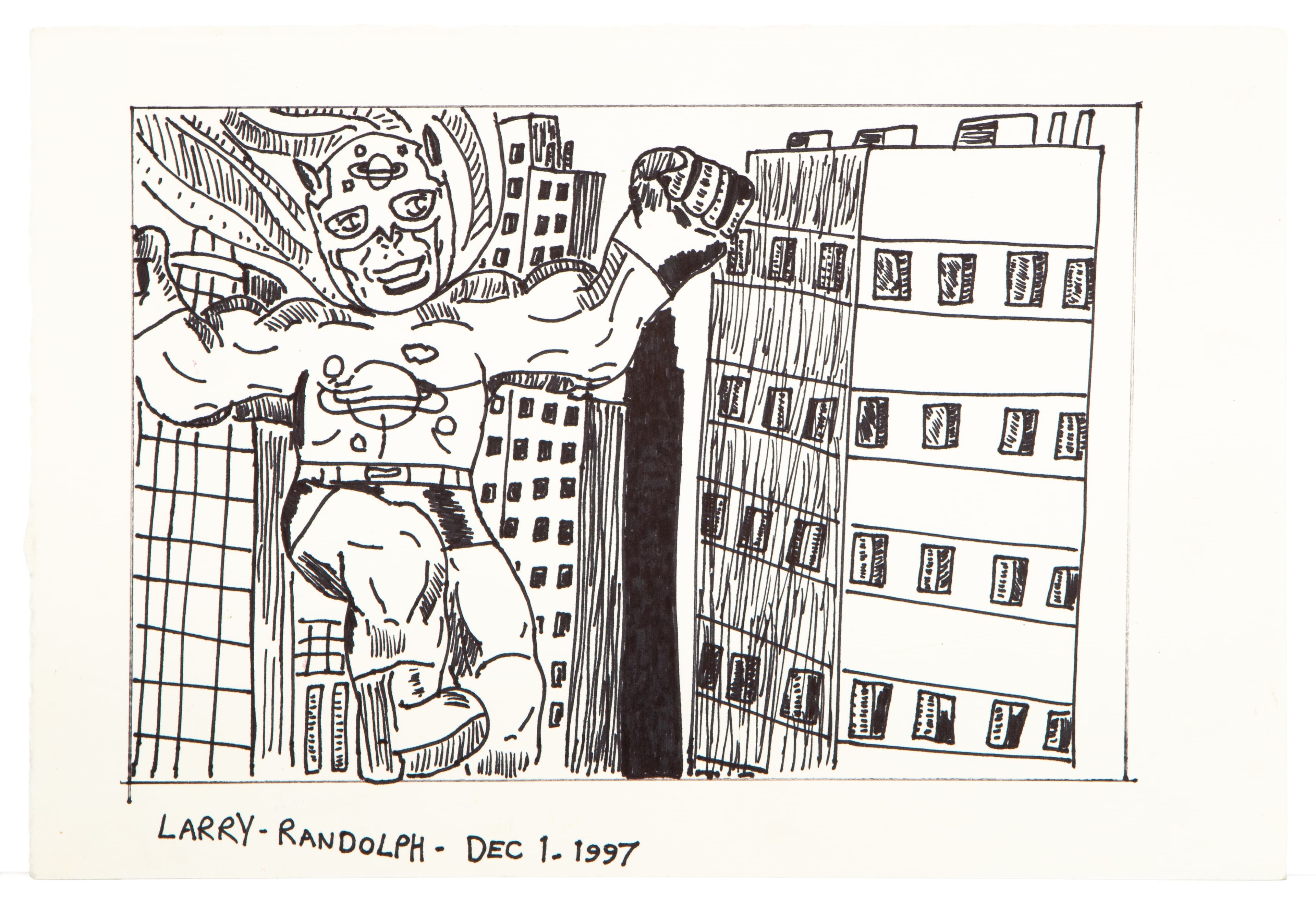 Black ink drawing of a masked wrestler figure towering over city buildings, signed Larry Randolph Dec 1 1997