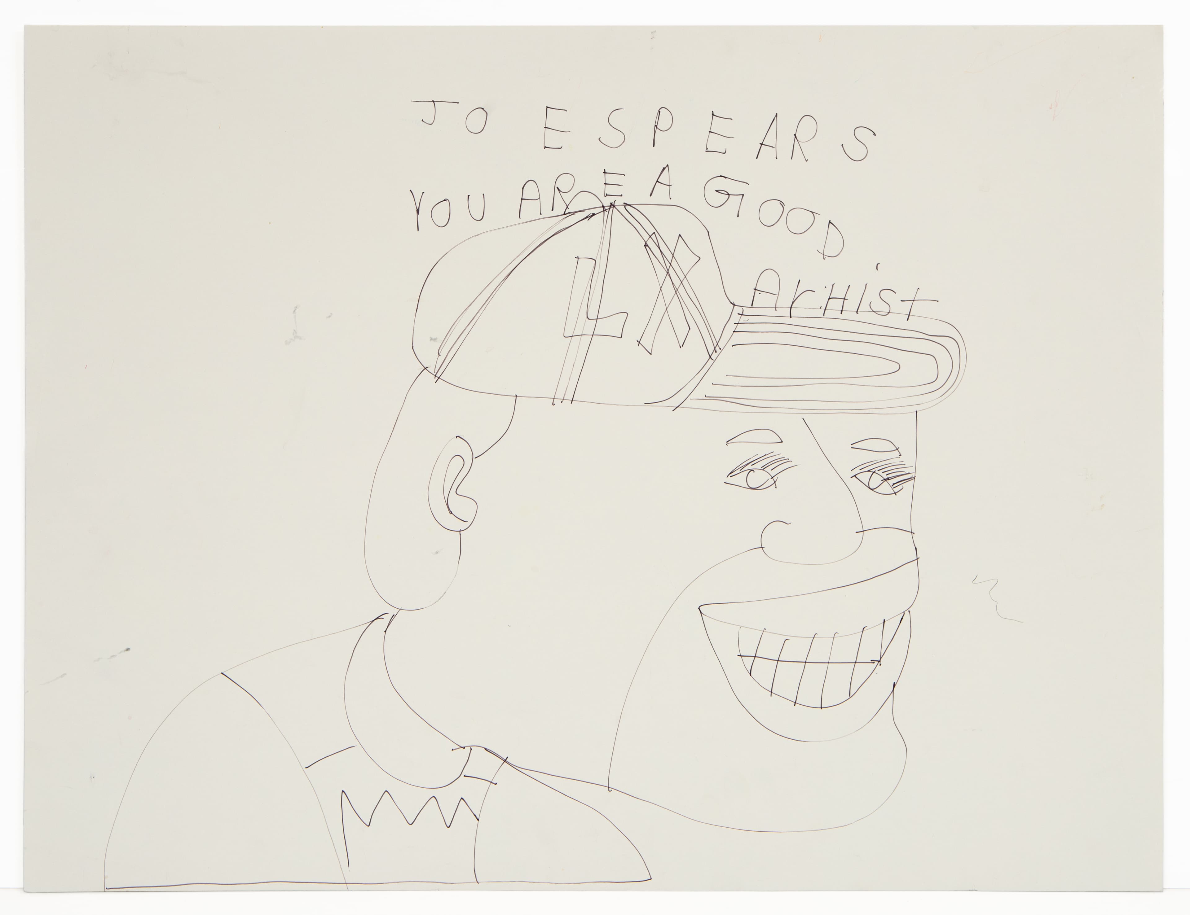 Ink drawing on paper showing a smiling figure wearing a baseball cap with handwritten text above