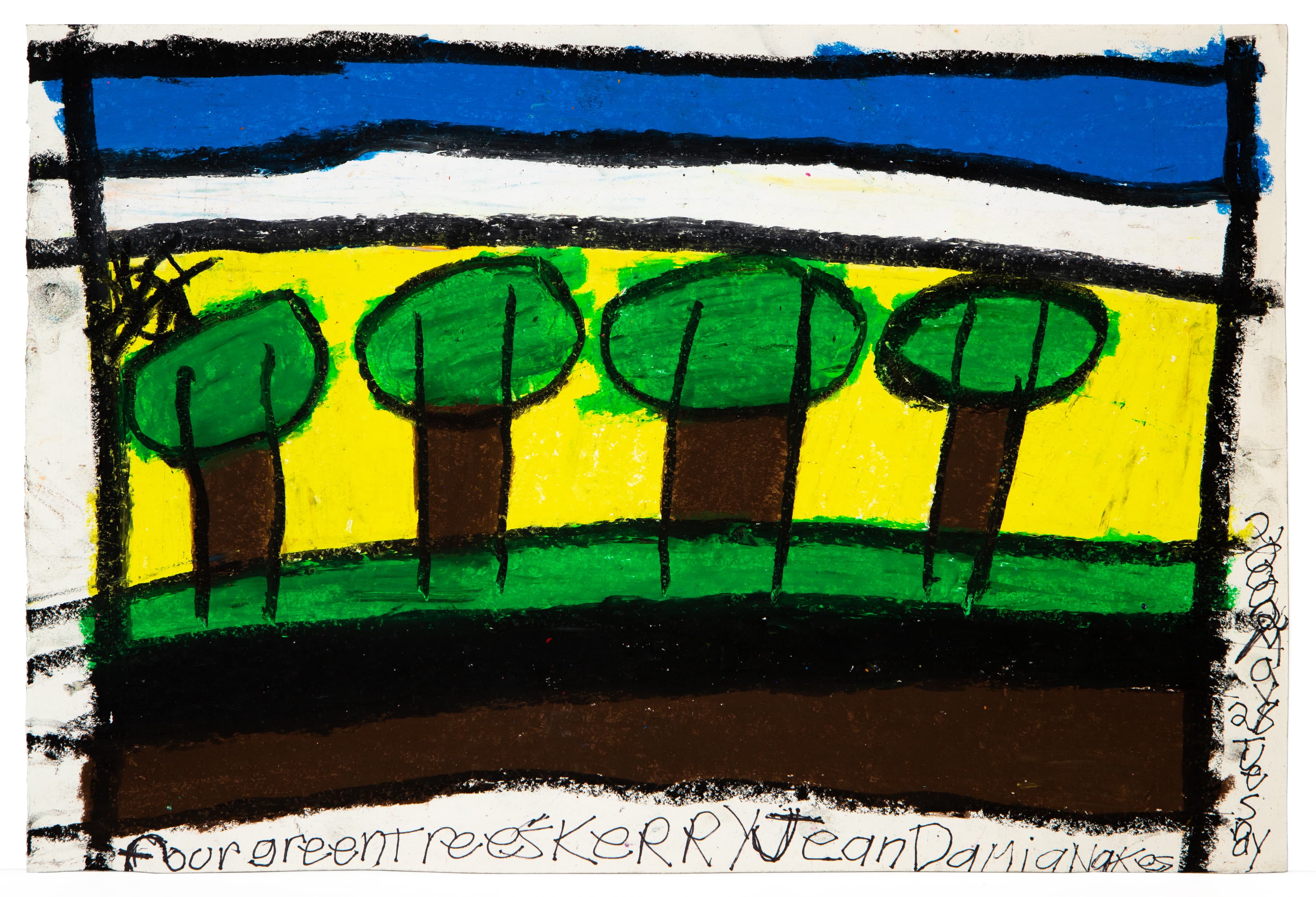 Pastel drawing of four green trees with brown trunks in a row against yellow background with blue sky above