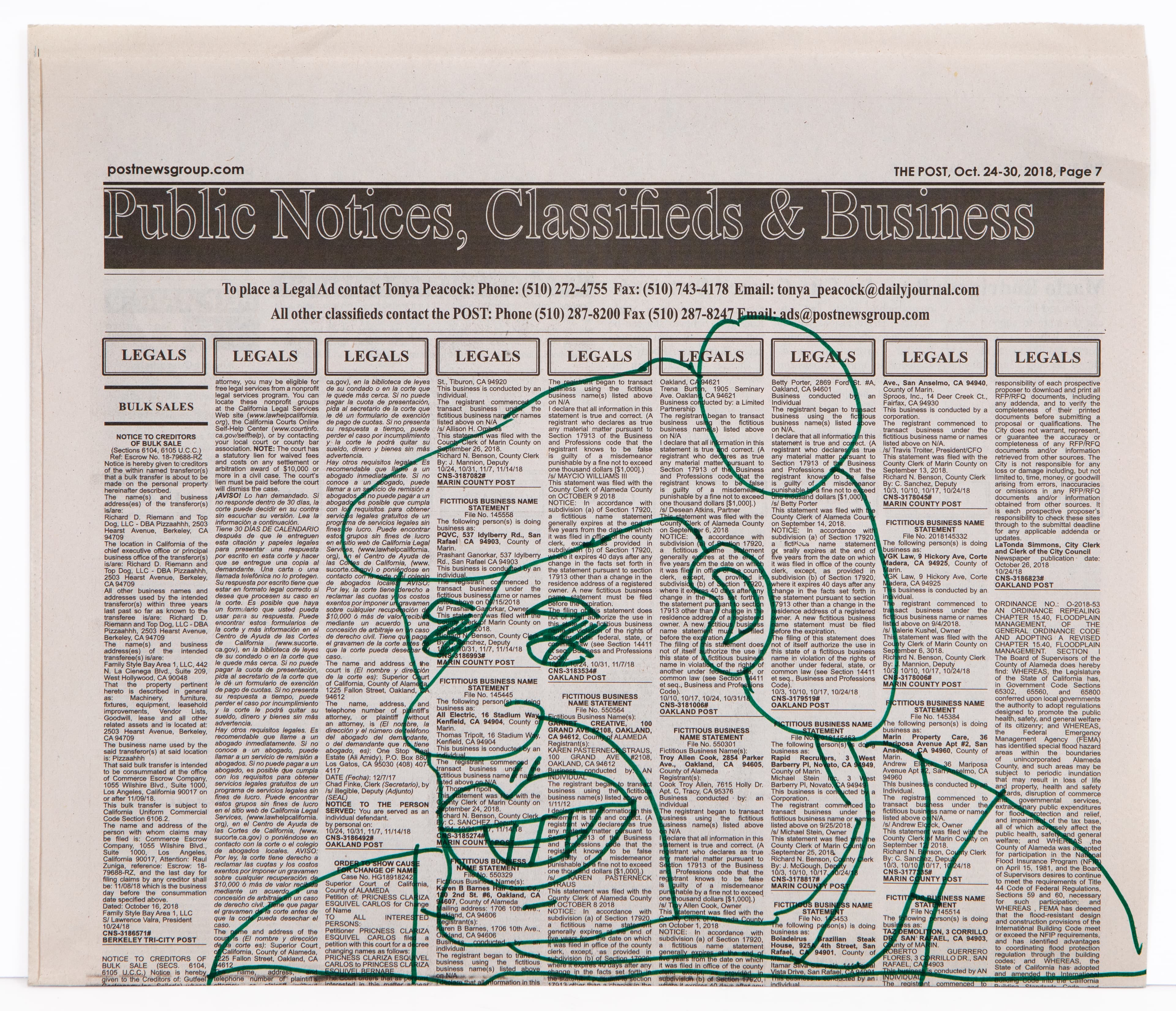 Portrait drawing in green ink on newspaper, showing a person's face and upper body with expressive features