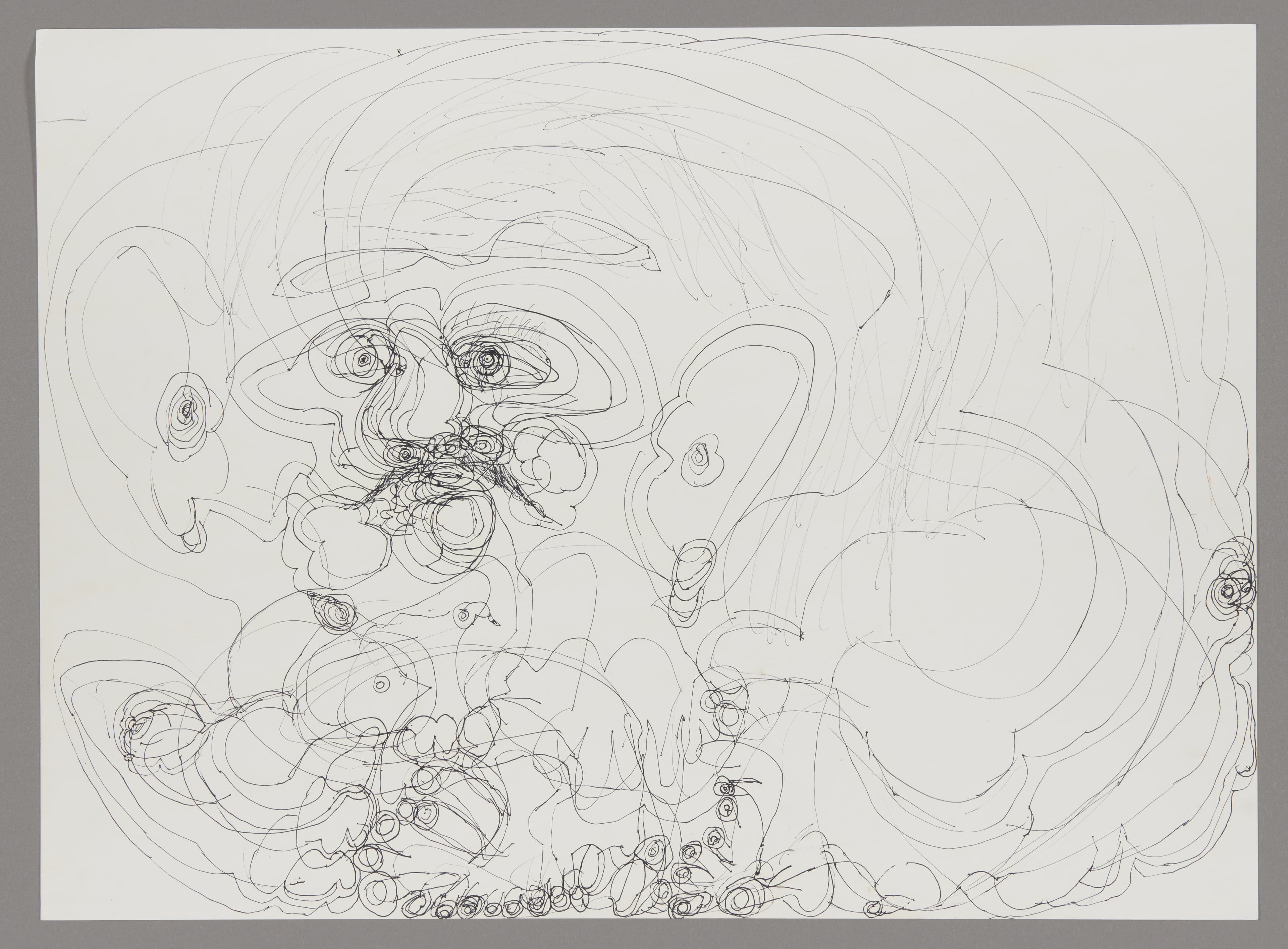 Ink drawing on paper showing swirling lines forming abstract faces and figures in continuous flowing composition