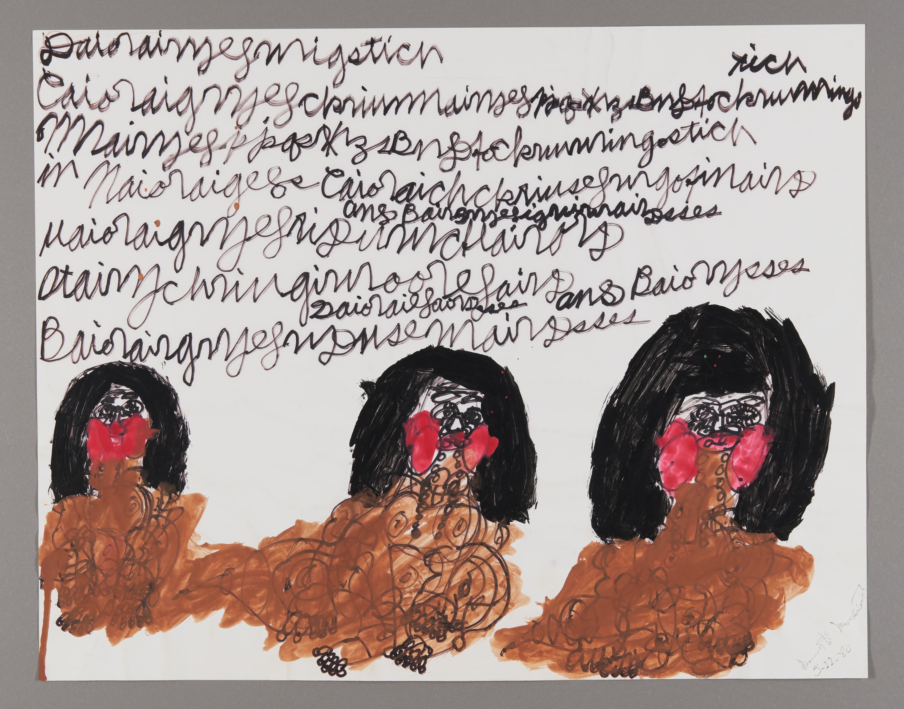 Drawing with three figures with black hair and red faces, brown clothing, handwritten text above in ink on paper