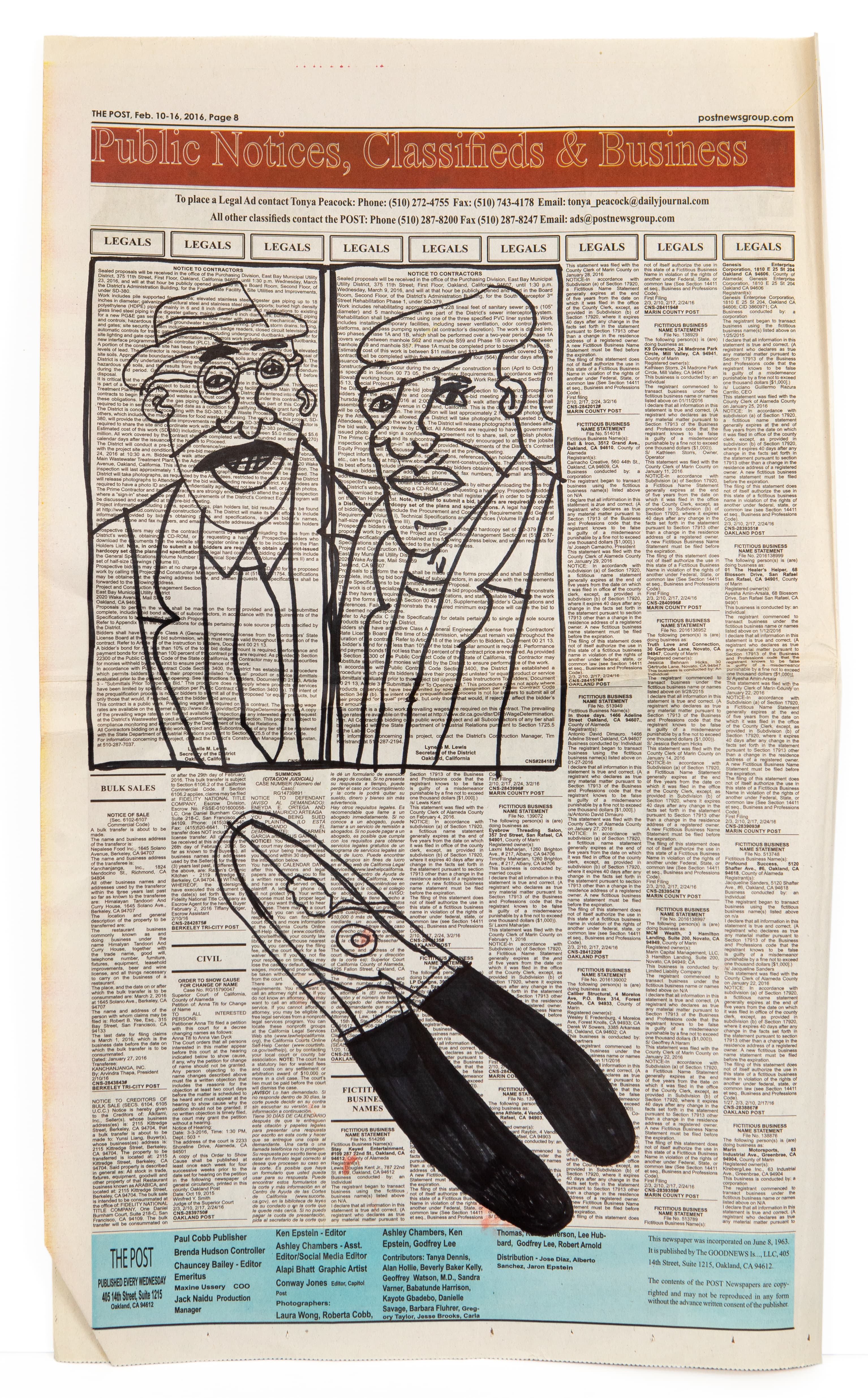 Ink drawing on newspaper showing two portrait heads and scissors, black line art over classified ads text
