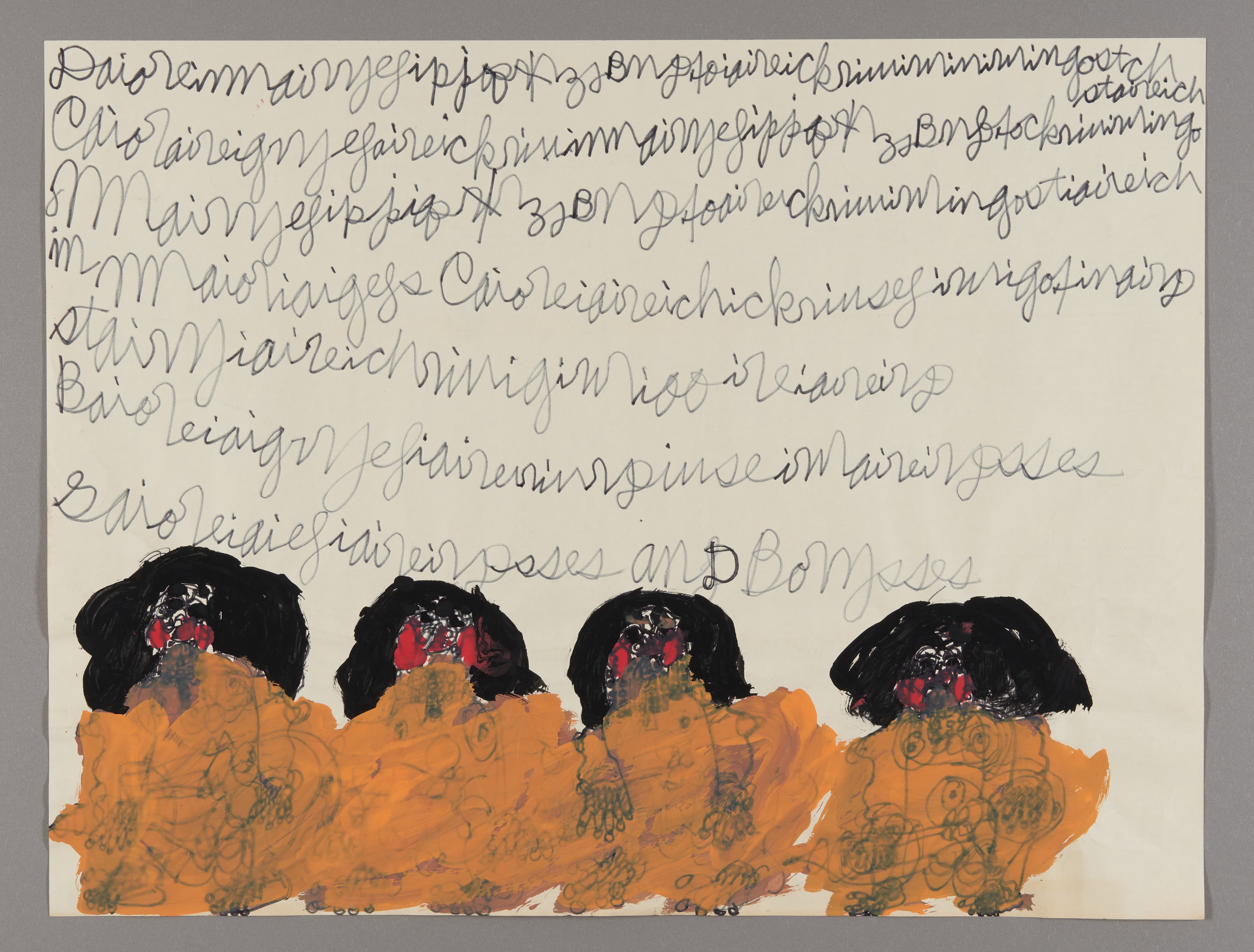 Mixed media artwork with handwritten text above four figures with black hair and orange clothing on cream paper