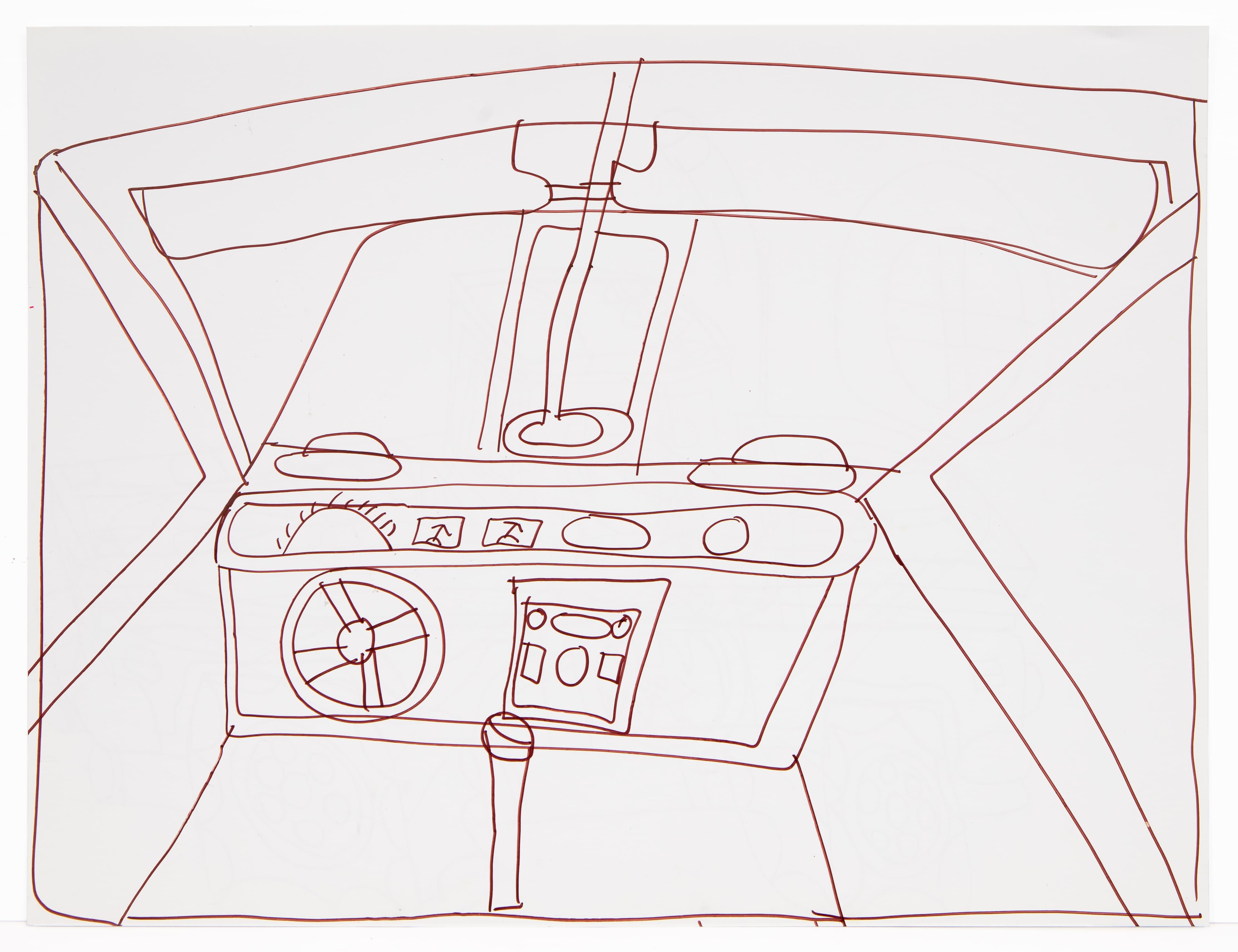 Line drawing of car interior dashboard and windshield in red ink on white paper