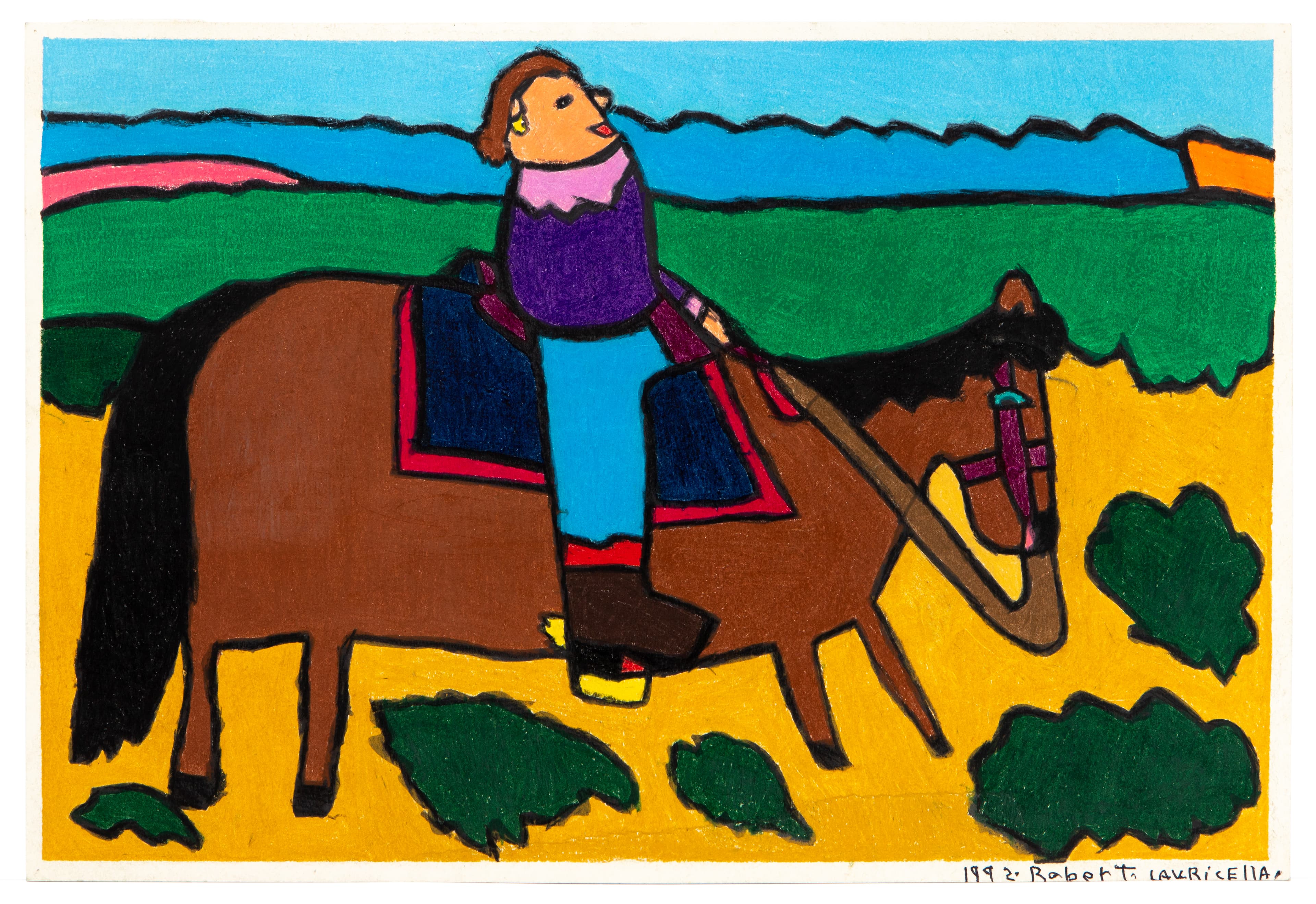 Pastel drawing of a figure riding a brown horse across a colorful landscape with blue sky and green field