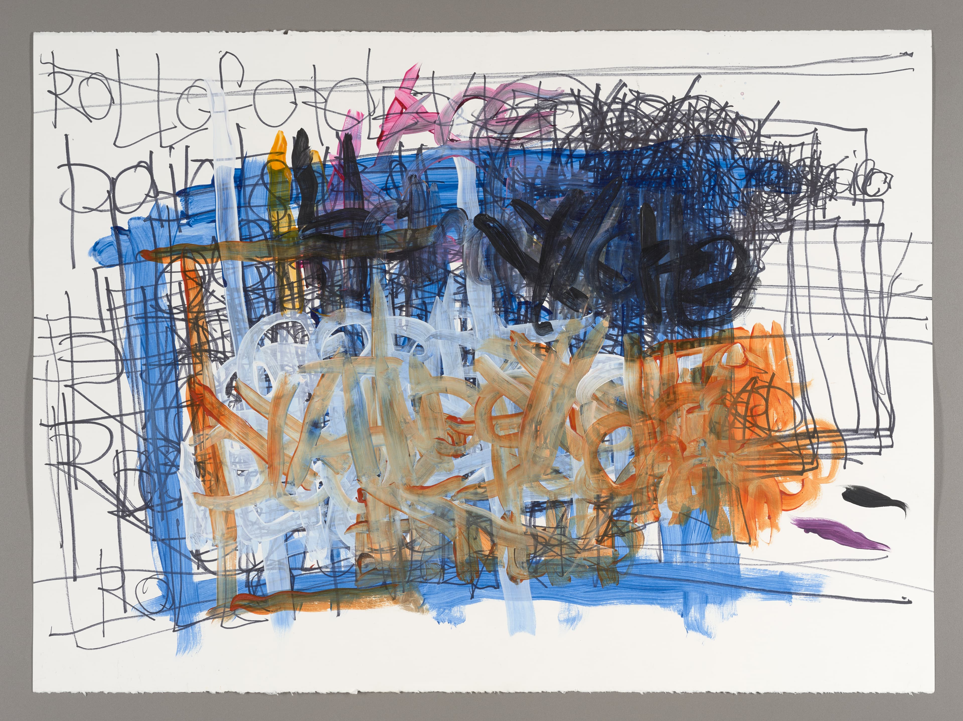 Mixed media drawing with blue rectangular forms, dense black scribbles, and handwritten text on white paper