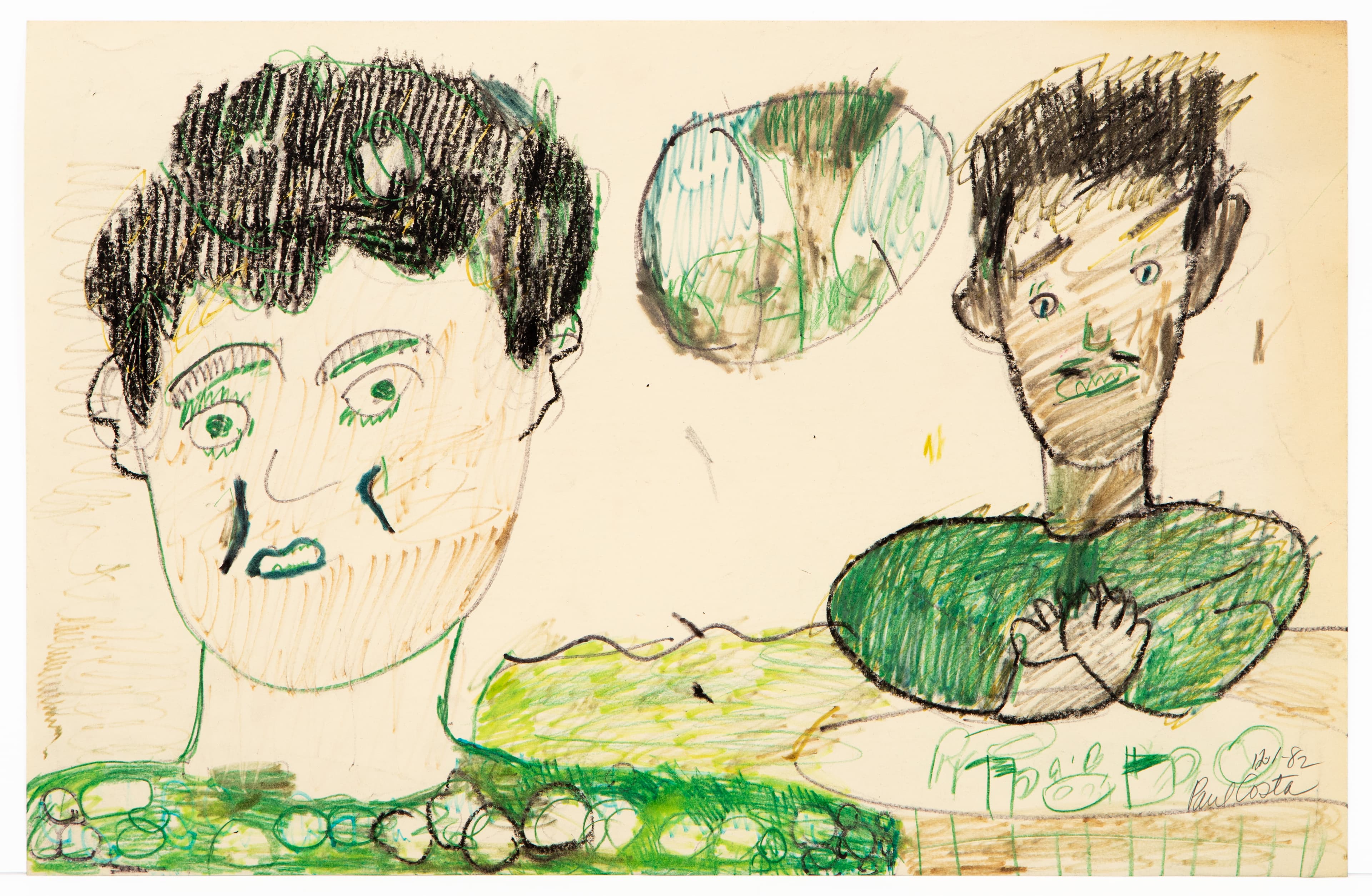 Mixed media drawing on paper showing two portrait figures and a green circular form, rendered in green and black