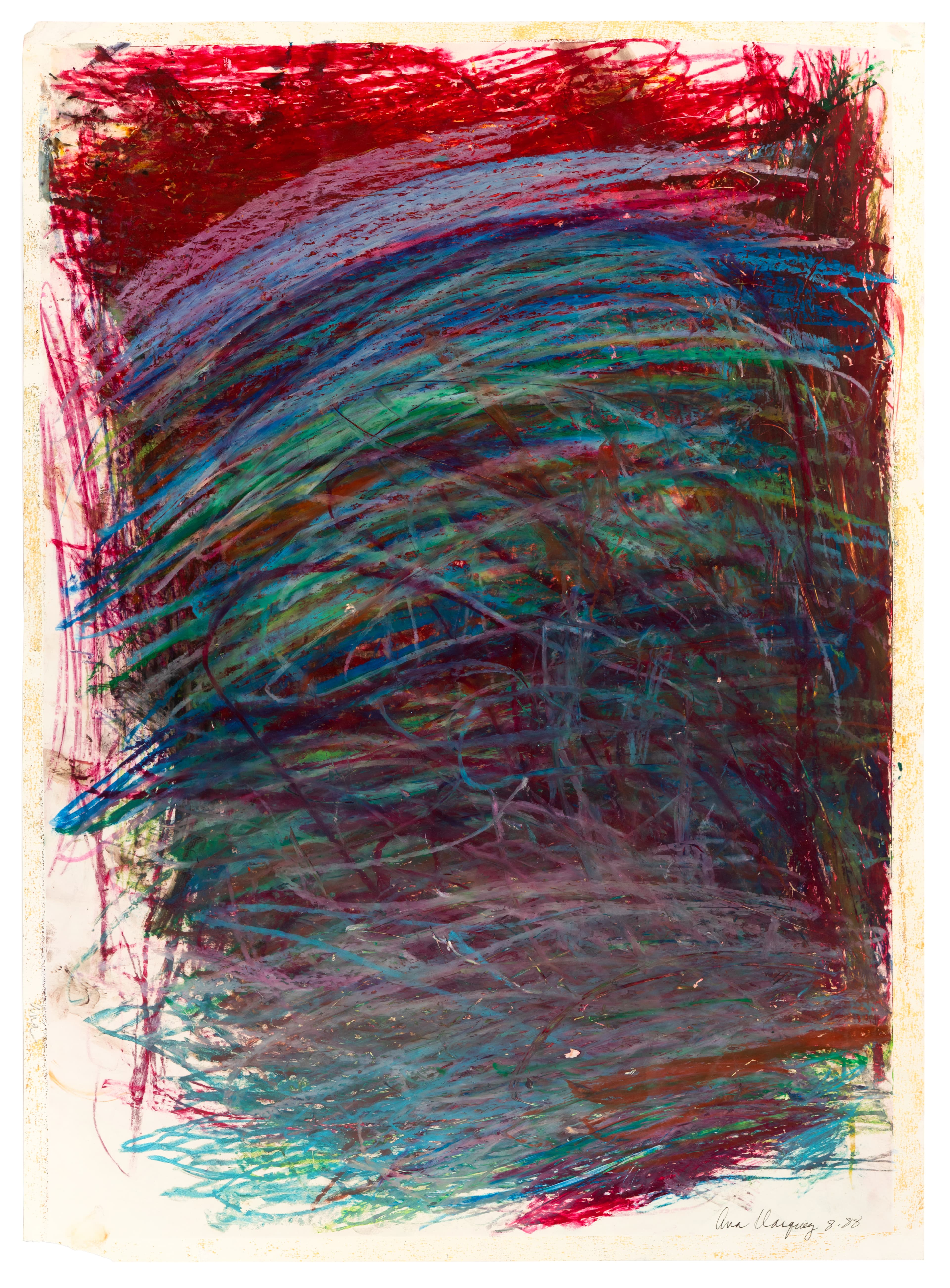 Abstract drawing with energetic curved lines in red, blue, green, and purple on cream paper