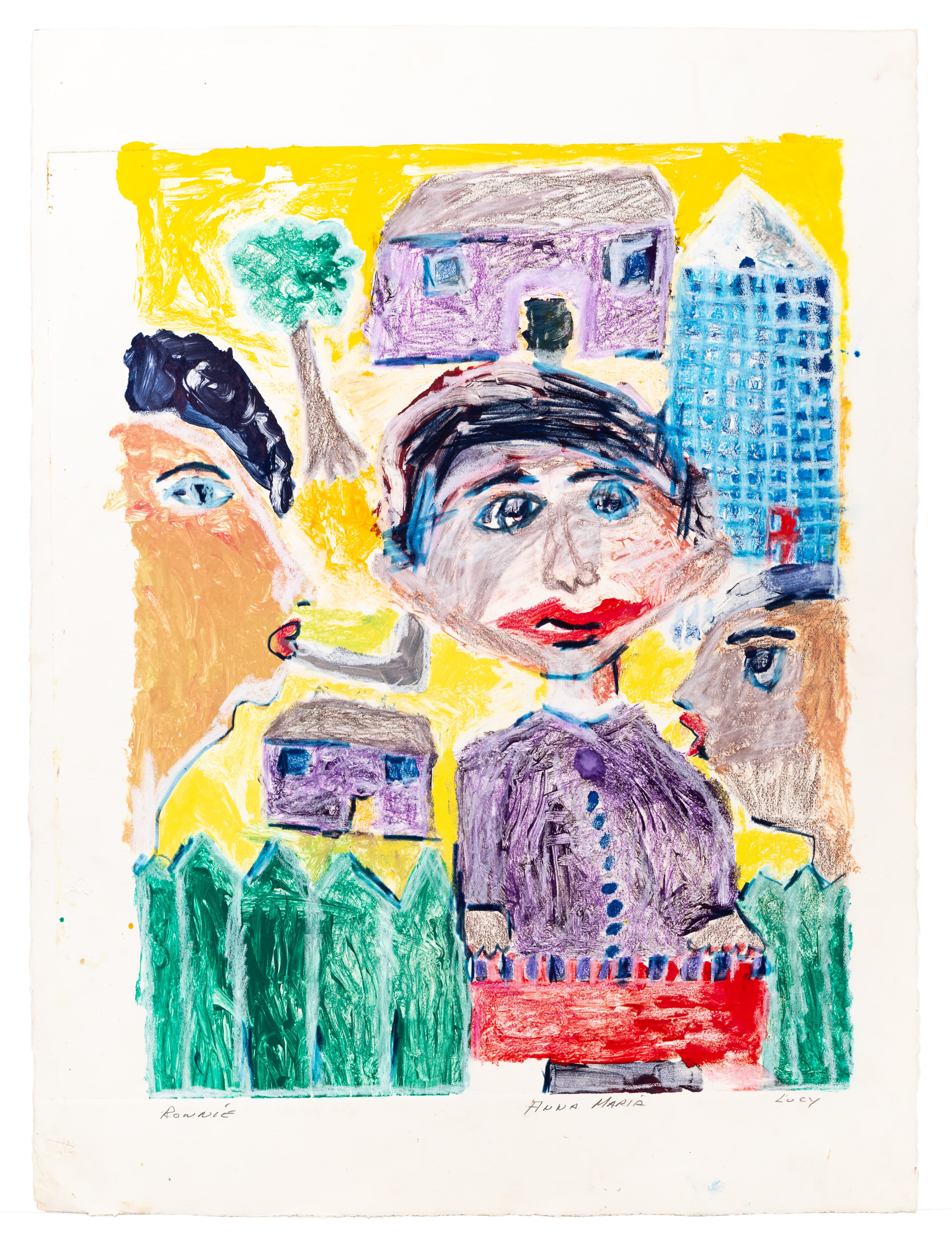 Mixed media drawing with three portrait figures and buildings on yellow background