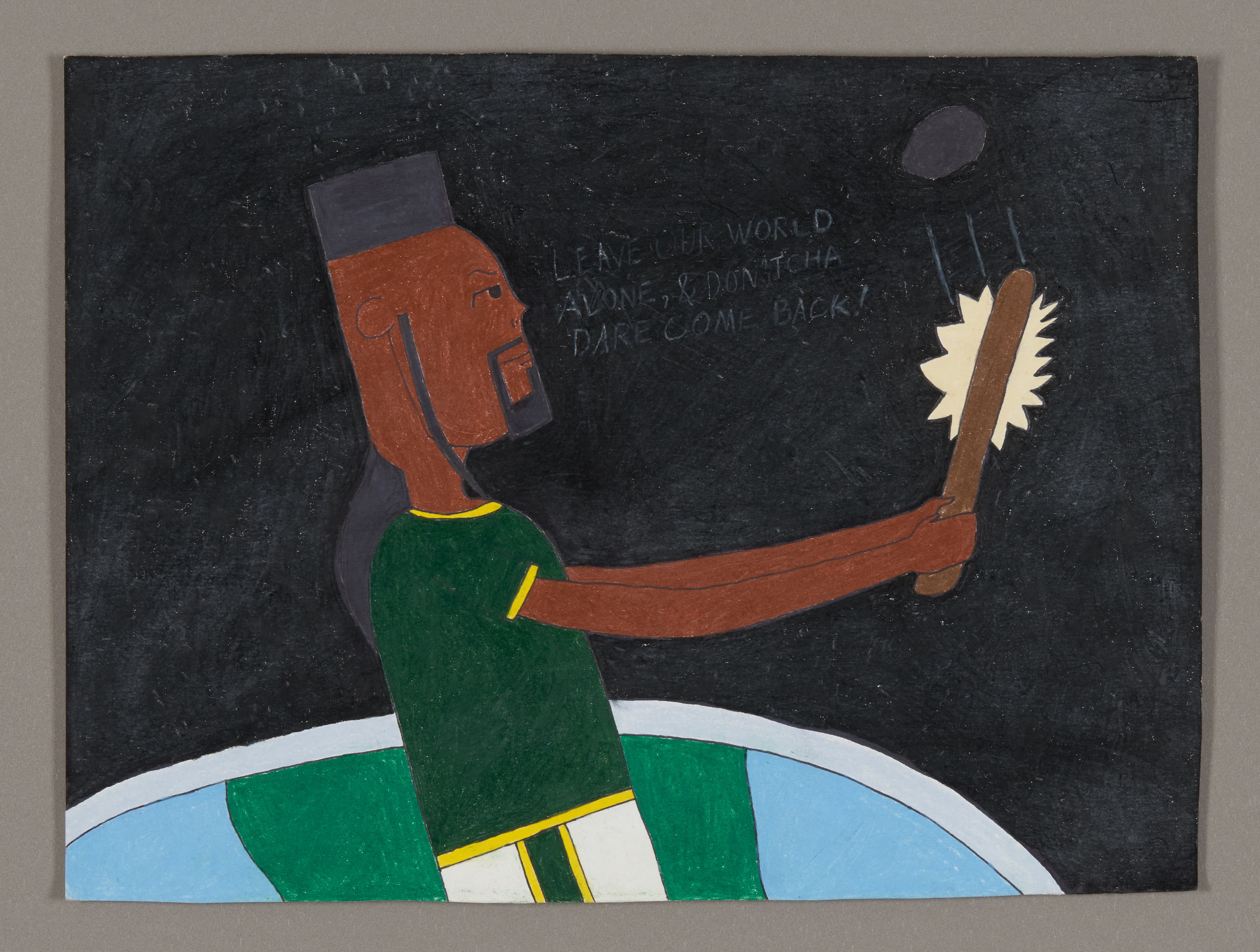 Mixed media drawing of a figure in green holding a feather, standing on Earth against black space with handwritten text