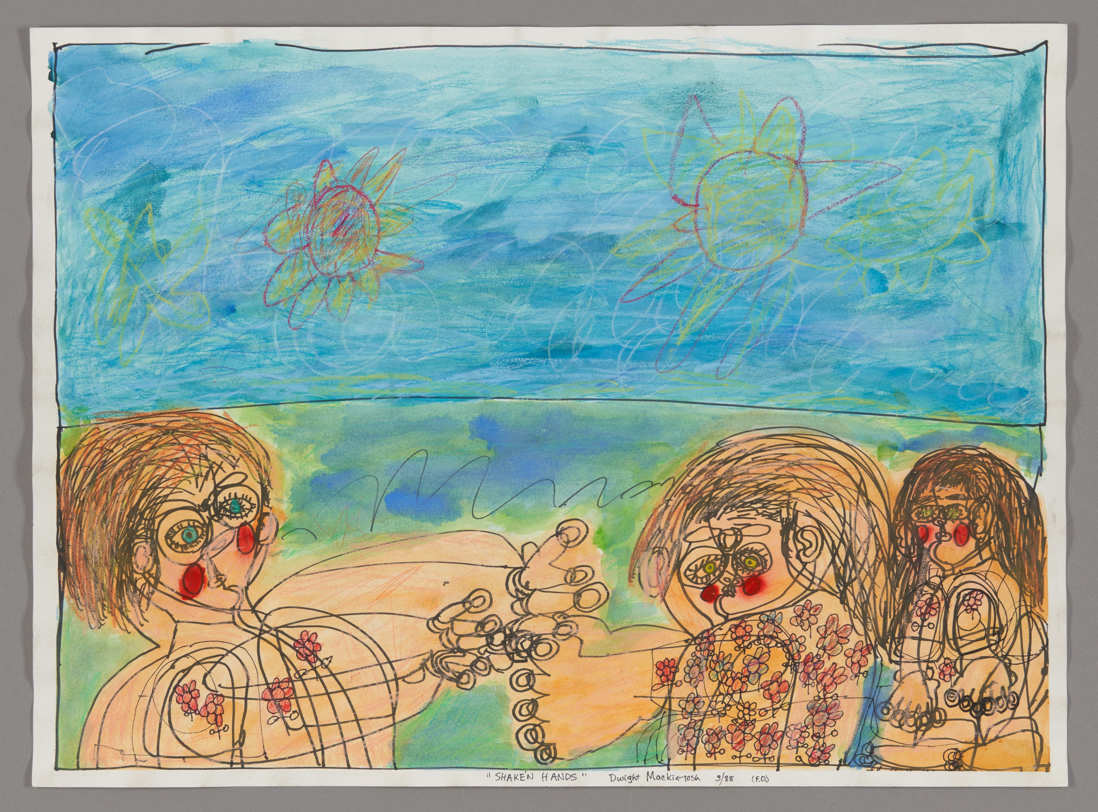 Colorful drawing showing four figures with long hair shaking hands under a blue sky with two suns, ink and crayon on paper