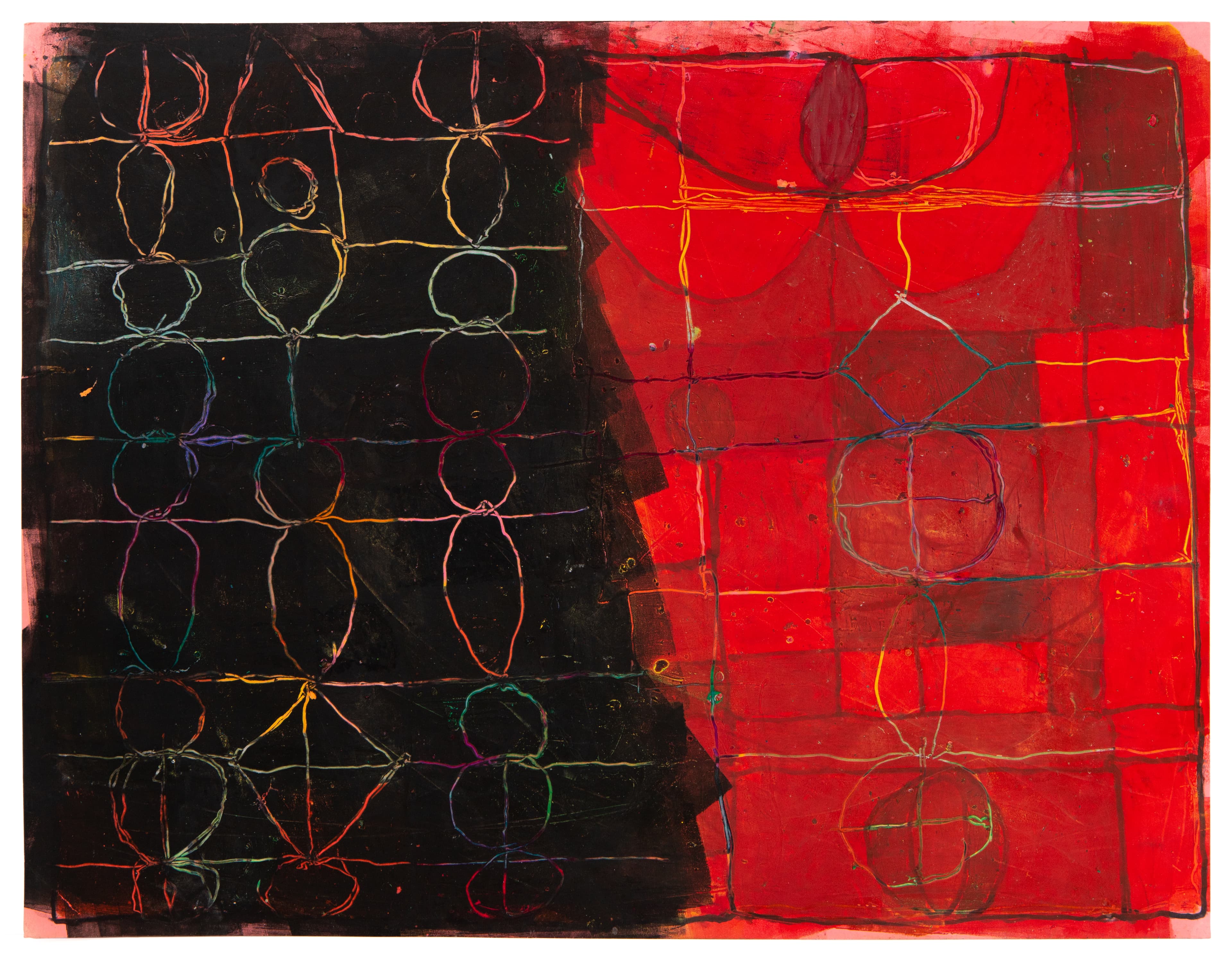Mixed media artwork with black left panel and red right panel, both featuring grid patterns and circular forms