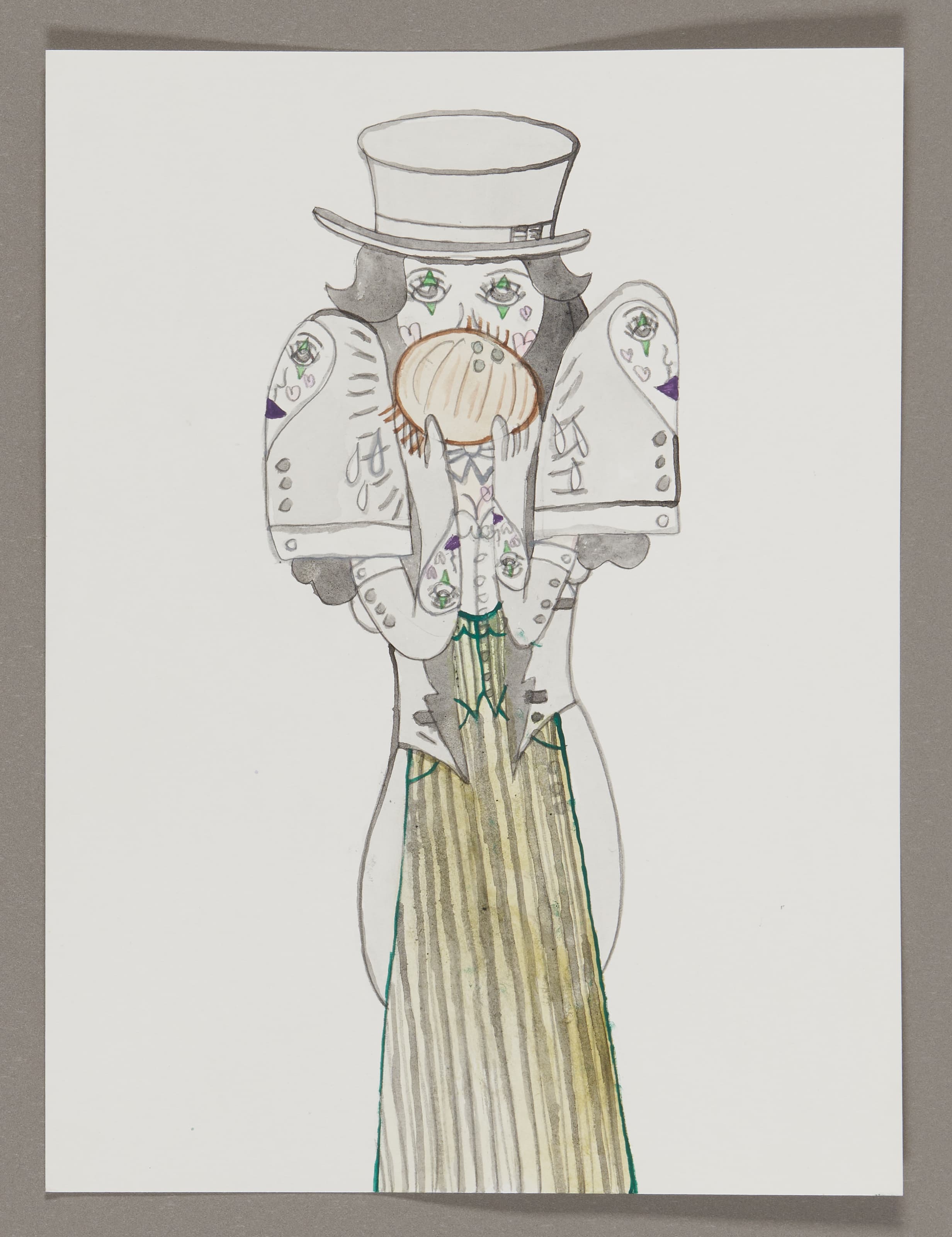 Drawing of a figure in top hat and formal coat with green eyes and beard, graphite ink and watercolor on paper