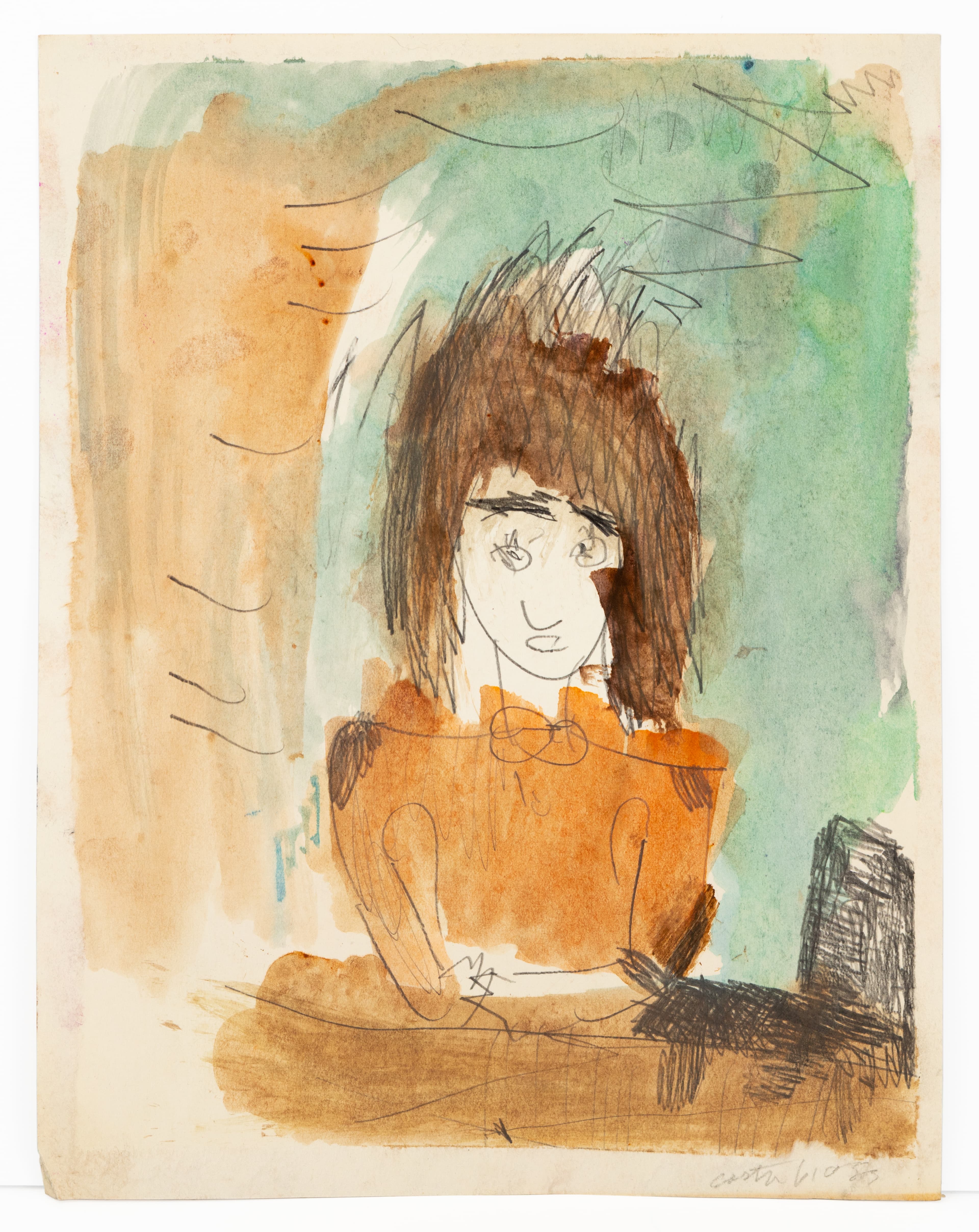 Mixed media drawing of a figure with brown hair in orange clothing, pencil and watercolor on paper