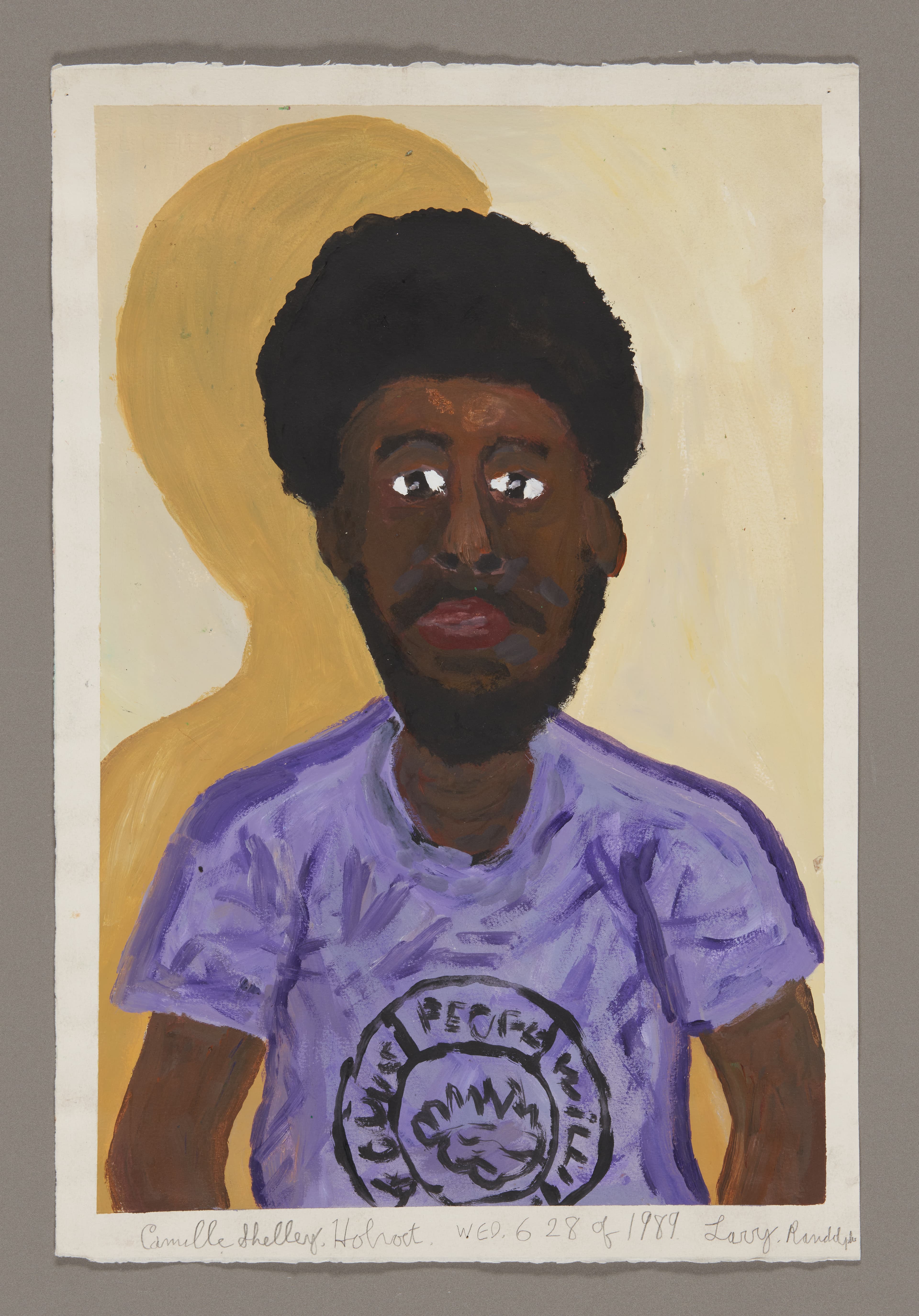 Painted portrait of Black person with afro wearing purple t-shirt against yellow background, acrylic on paper