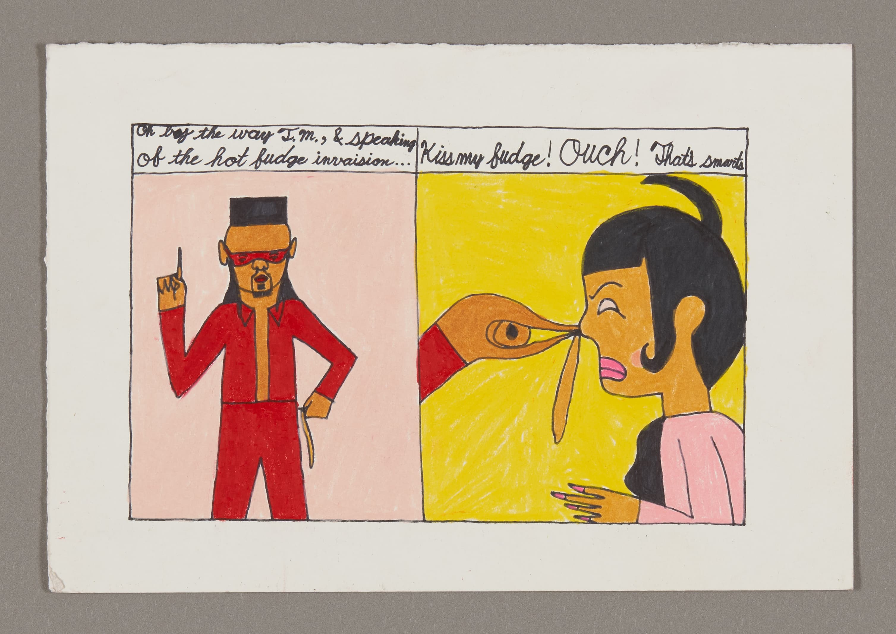 Comic strip drawing with two panels showing figures in red clothing, created with colored pencil and ink on paper