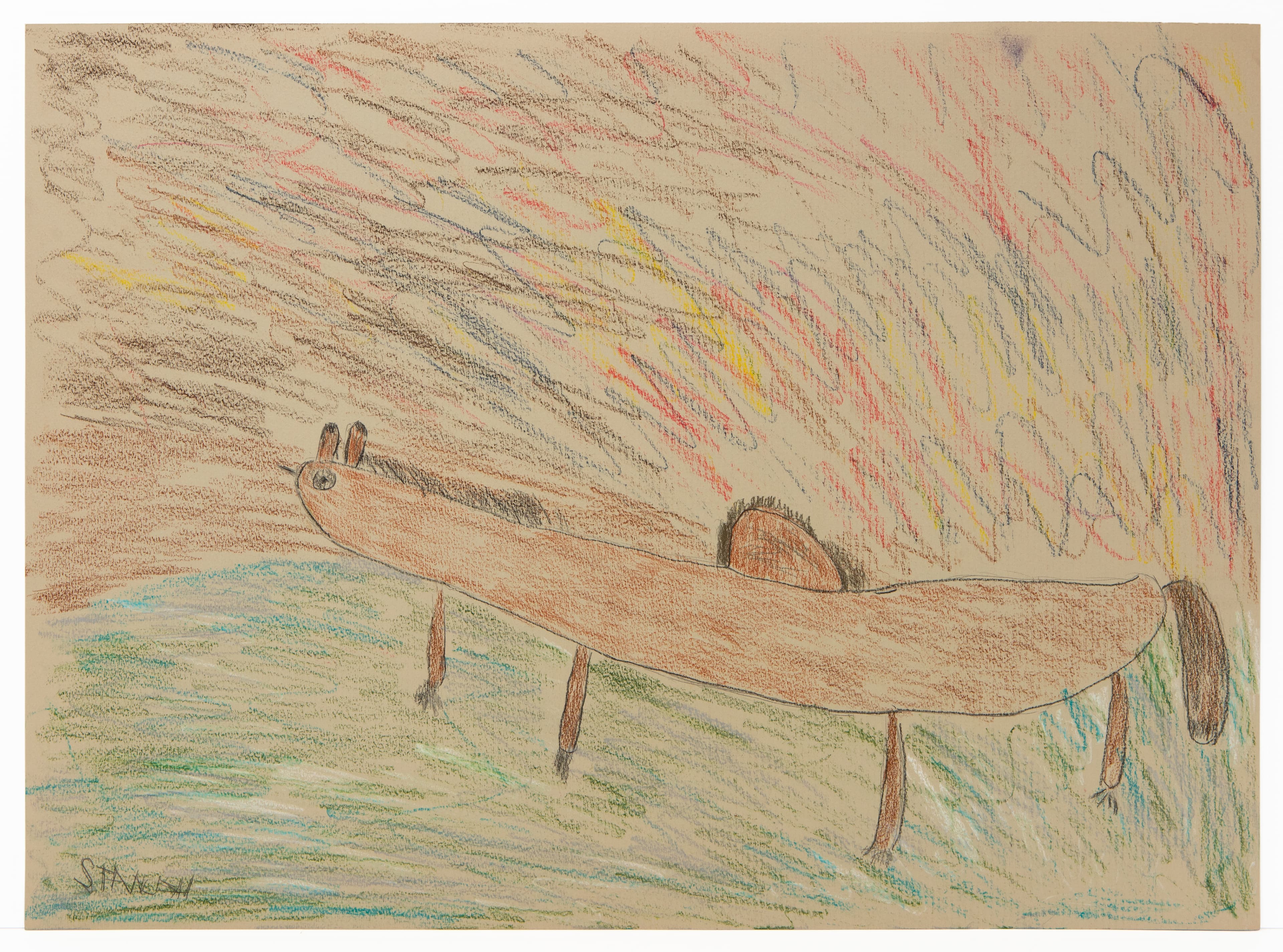 Colored pencil drawing of brown dog-like figure floating above green ground with colorful sky background